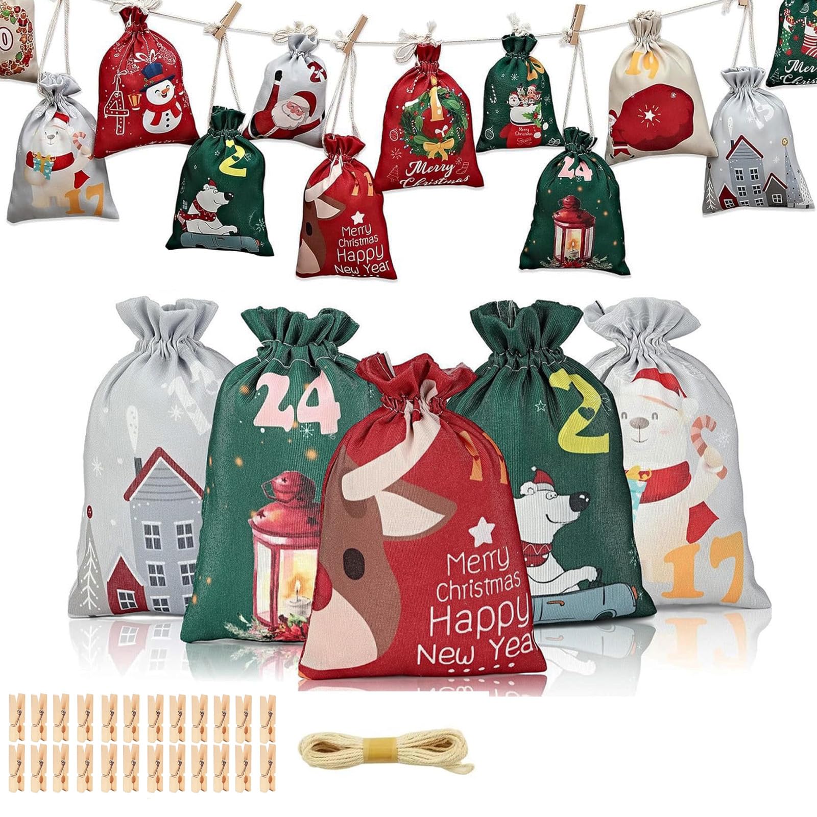 2026 Christmas Advent Calendar Bags, 24PCS Empty Calendar Bags to Fill, Reusable Burlap Bag with Wooden Clips&Hemp Rope, 24 Day Countdown Xmas Gift Bag for Kids Gift DIY Craft Xmas Tree Window Décor