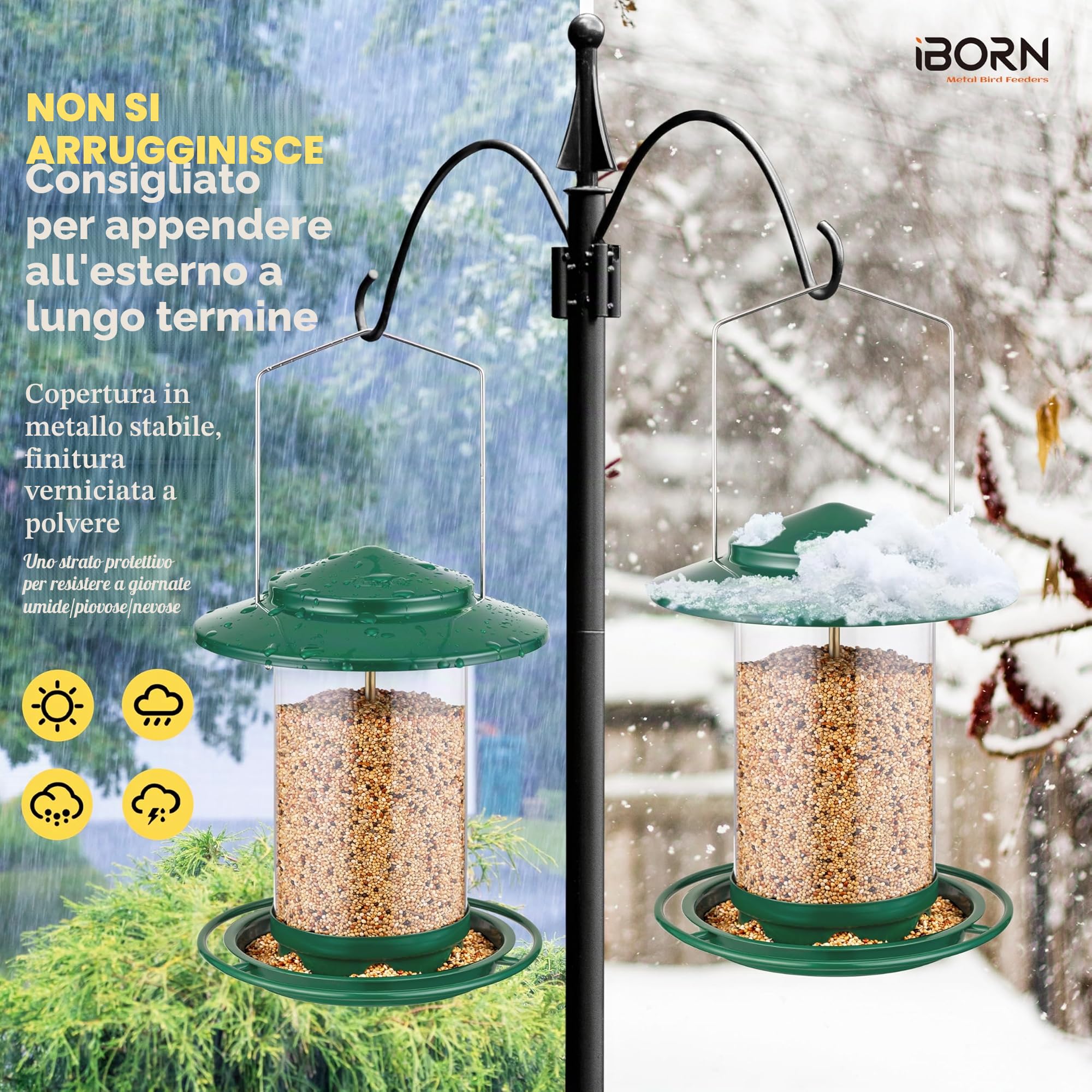 iBorn Mangiatoia per uccelli in metallo da appendere all'aperto, mangiatoie per uccelli selvatici per cardinali, 18 cm, grande tetto e vassoio verde a 6 porte (semi non inclusi)