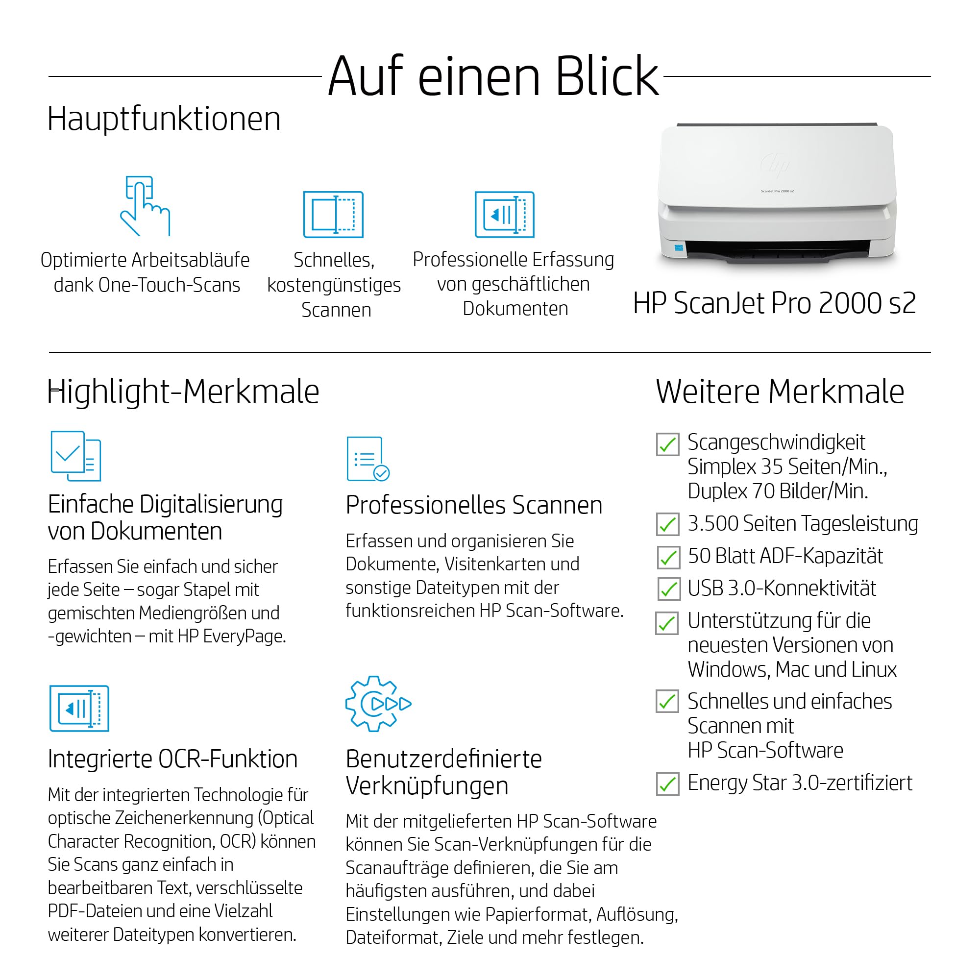 HP ScanJet Pro 2000 s2, Scanner, Einzelblattzufuhr, 50-Blatt ADF, USB 3.0, bis zu 3.500 Seiten täglich, Kurzbefehle