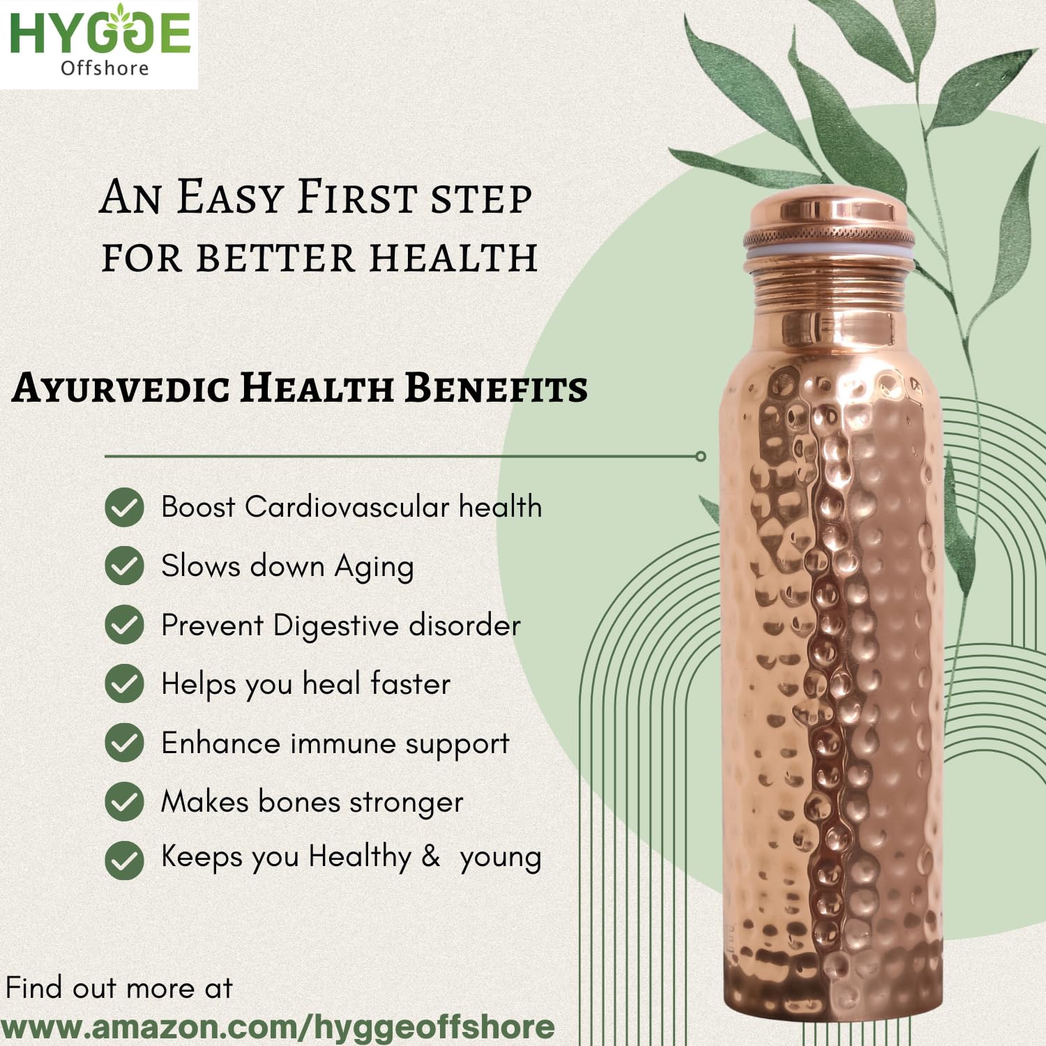 HYGGE Copper Water Bottle 34oz, Leak Proof, Ayurvedic Copper Bottle, Perfect Ayurvedic Copper Vessel for Sports Fitness, Yoga - Image 4