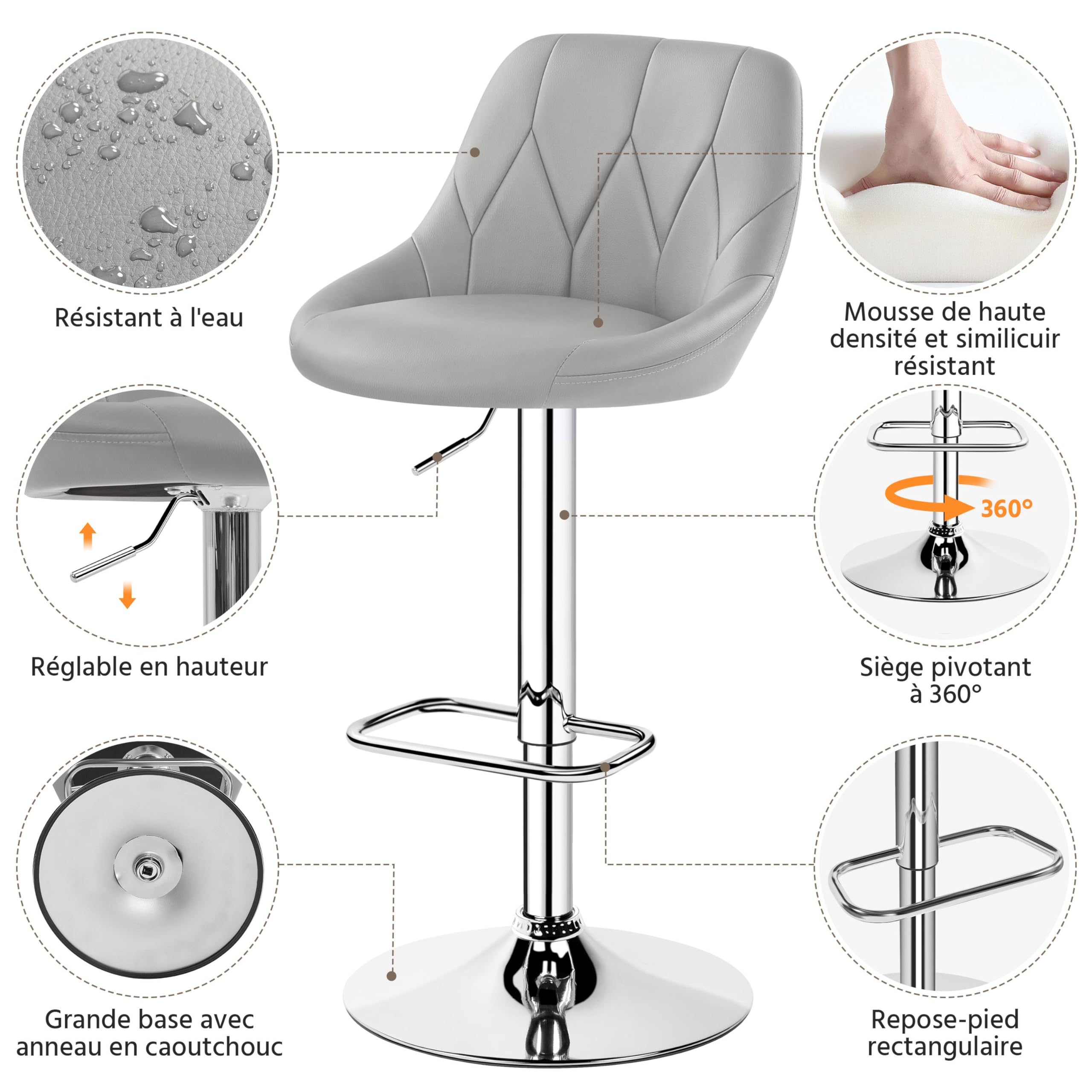 Yaheetech Lot de 4 Tabourets de Bar en Similicuir Hauteur Réglable de 86 cm à 107,5 cm Chaises de Bar Assise Pivotante Repose-Pied Carré Tabourets Hauts Cadre Métallique Galvanisé Gris Clair