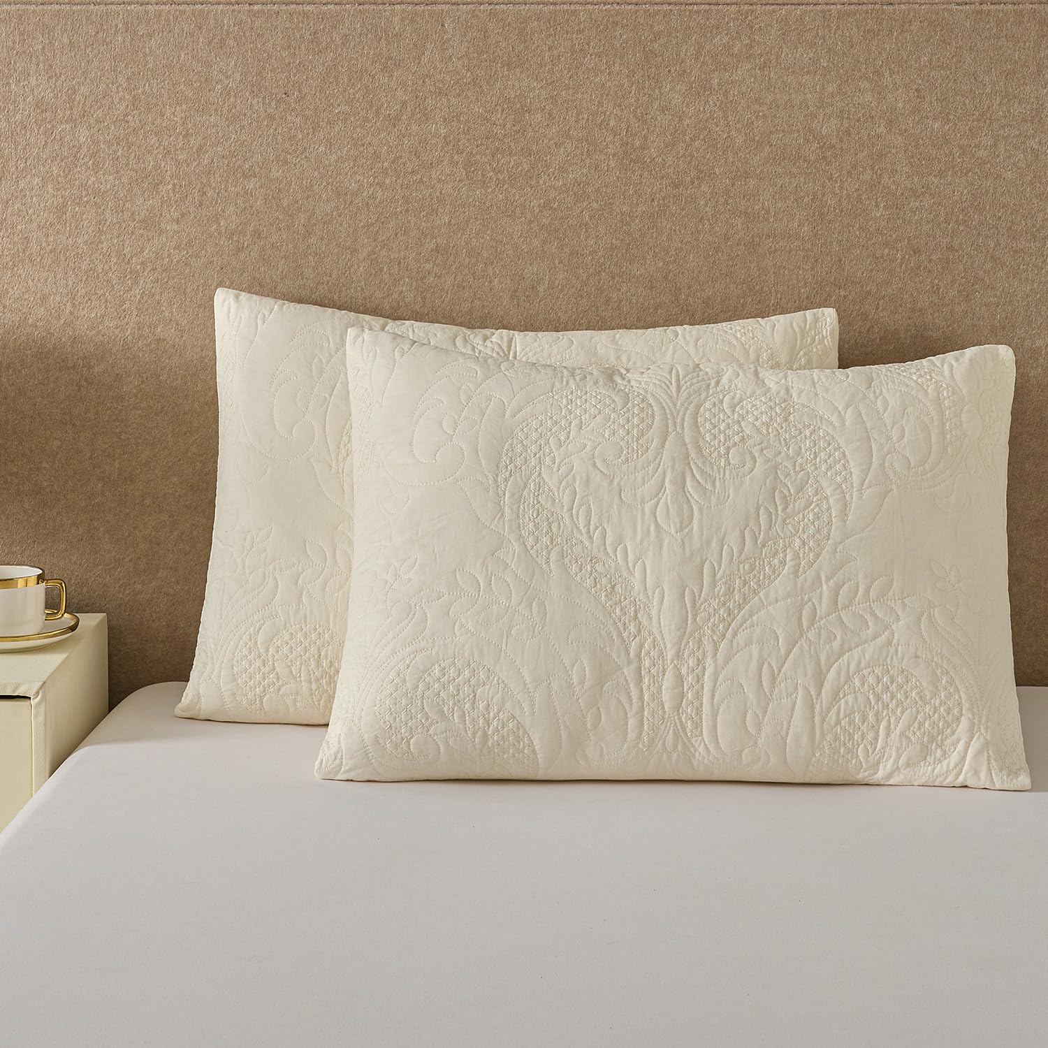 Quilted Pillow Sham Ivory Damask King Set of 2 Embroidered Floral Pillowcases Embossed Textured Cotton Vintage Pattern Cream 20×36