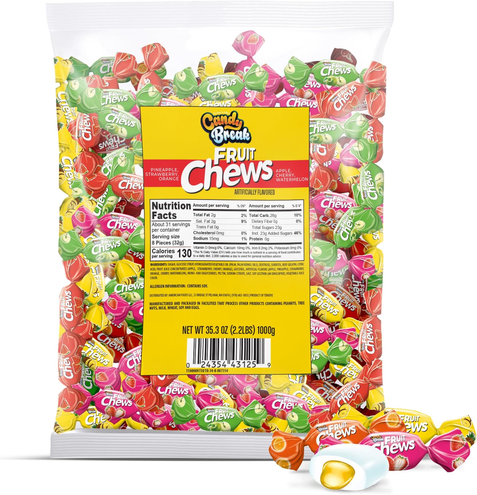 Candy Break Toffix Fruit Chews - Variety Pack of Fruit Candy with Flavored Filling, Strawberry, Apple, Watermelon, Cherry, Pineapple, Orange Flavors, Individually Wrapped Snacks, 2.2 lbs