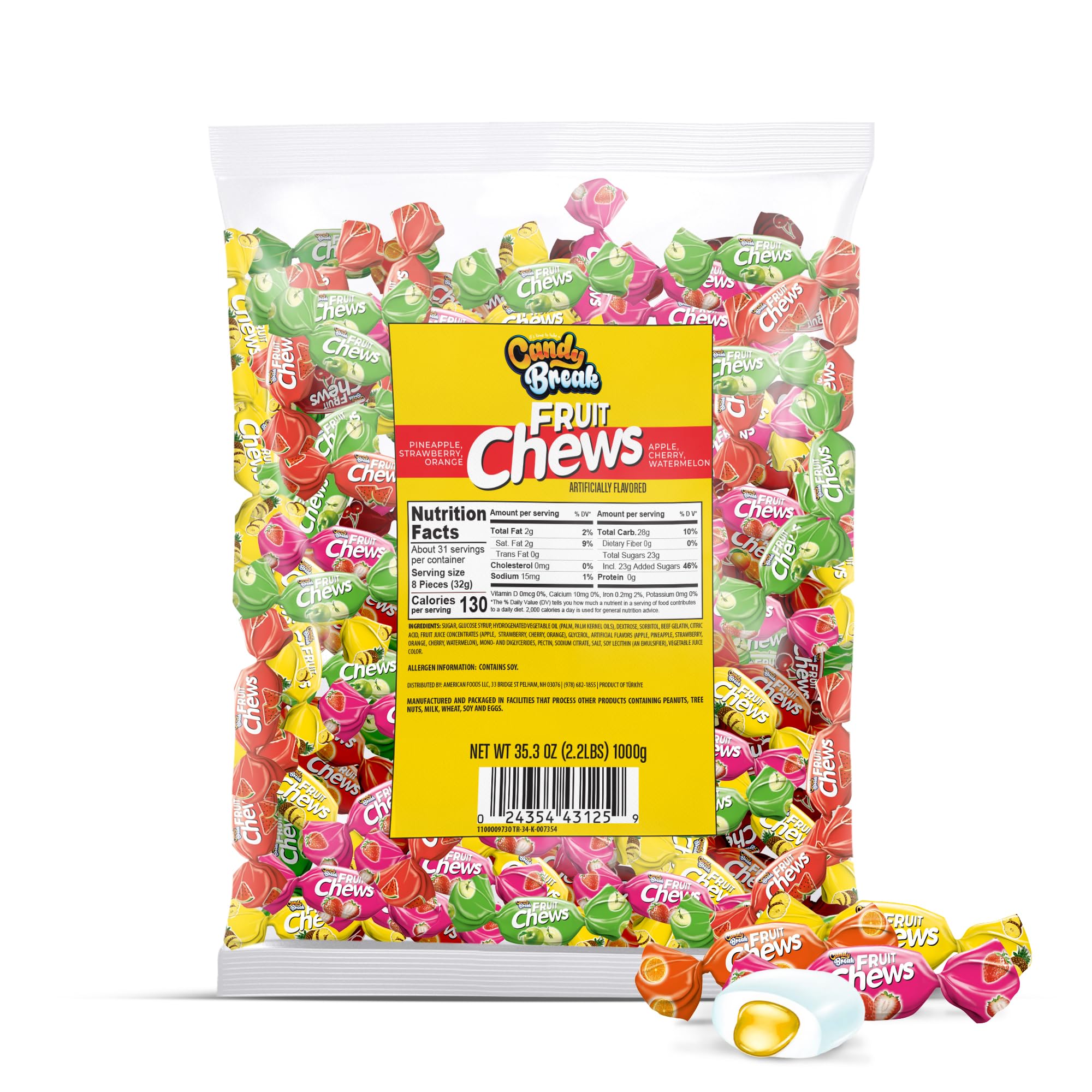 CANDY BREAKToffix Fruit Chews - Variety Pack of Fruit Candy with Flavored Filling, Strawberry, Apple, Watermelon, Cherry, Pineapple, Orange Flavors, Individually Wrapped Snacks, 2.2 lbs
