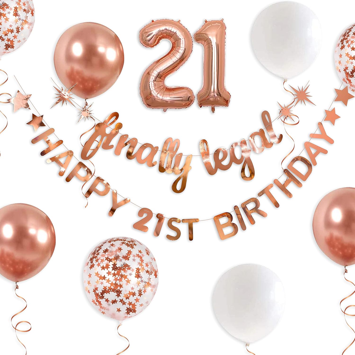 Rose Gold Finally Legal Happy 21st Birthday Banner Garland Foil Balloon 21 for 21 Birthday Decorations Hanging Twenty One Bday Decor for Girls 21st Bday Decorations Party Supplies for Her