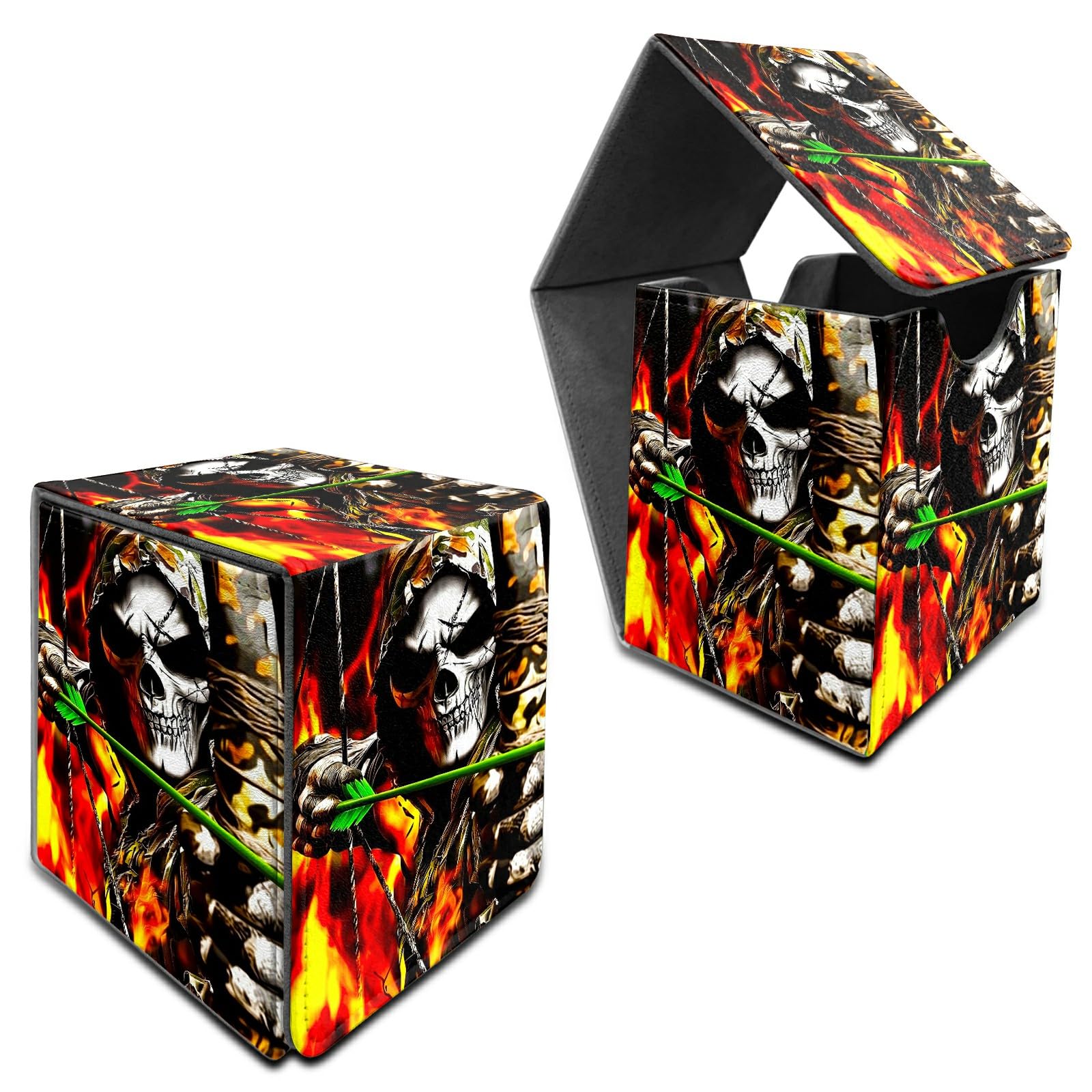 RWUTYTIUL Deck Box for MTG, Cards Storage Box Fits 120+ Sleeved, Leather Medium Size Strong Magnetic Closing Card Case for Board Games Magic TCG CCG Baseball Collection, Flame Skull