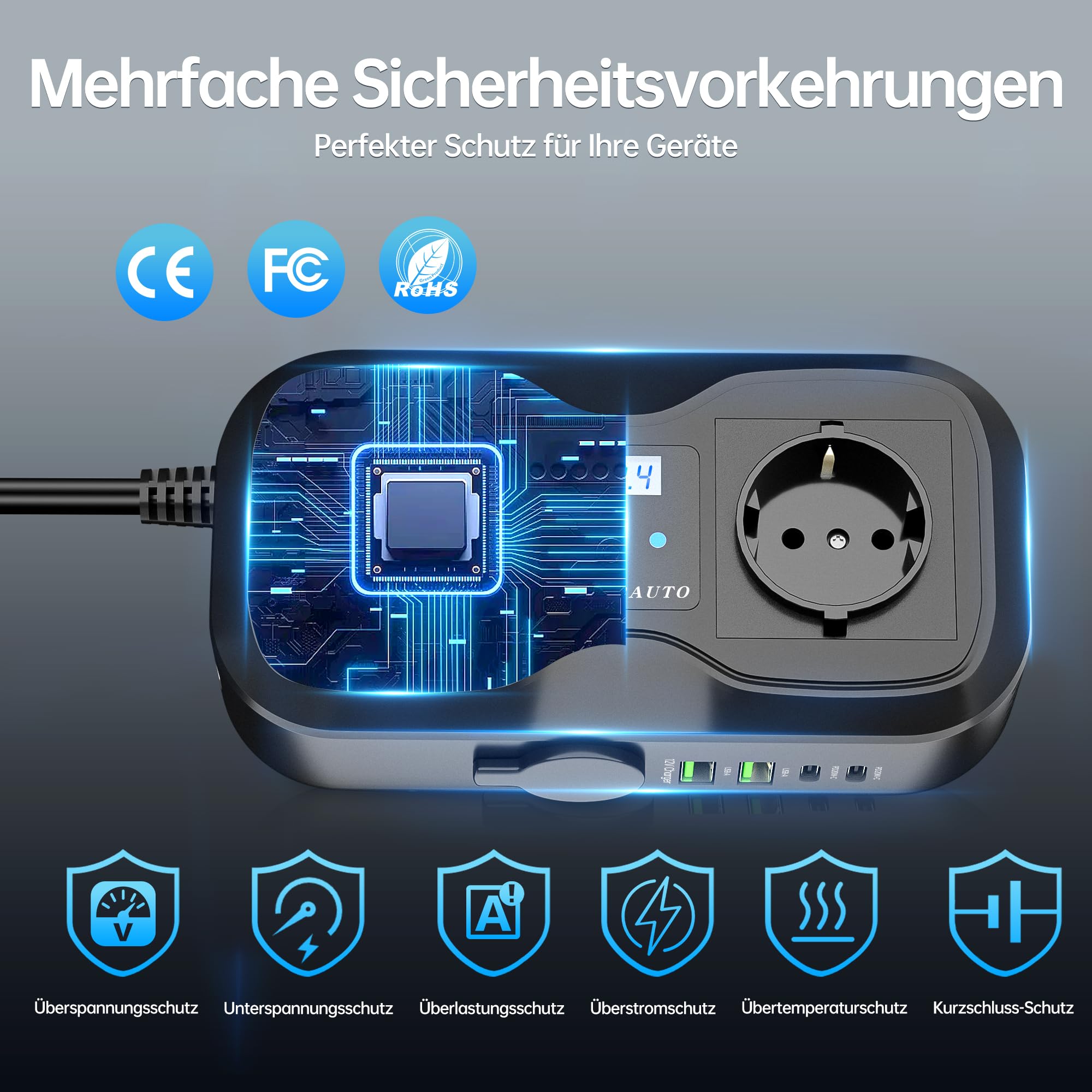 7in1 Wechselrichter 12V auf 230V, 200W Auto Spannungswandler Stromwandler mit 2 Steckdosen und 4 USB-C USB-A Ports Schnelles Aufladen KFZ Ladegerät mit Zigarettenanzünderstecker für Laptop