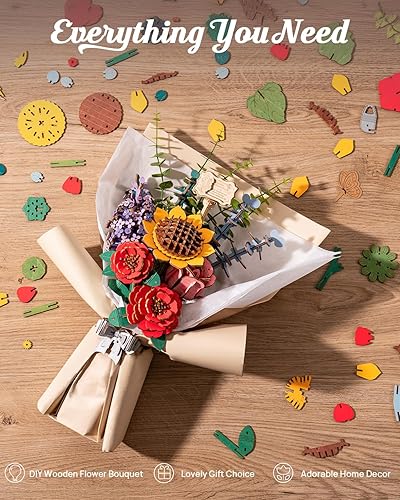 Miniatura 4 de Rowood Flores artificiales, ramo de flores de madera para adultos, colección botánica, decoración única para el hogar, regalo para mujeres, mamá,