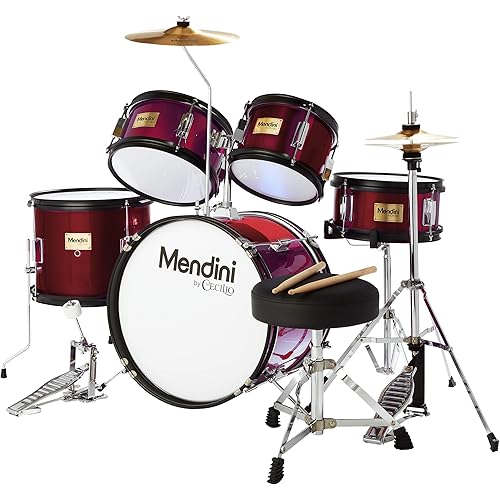 Mendini by Cecilio Drum Set, 5 Piece 16 Inch Junior Drums Kit with Bass, Toms, Snare Drum, Cymbal, Hi-Hat, Drumsticks & Seat for Beginner Student (Metallic Red)