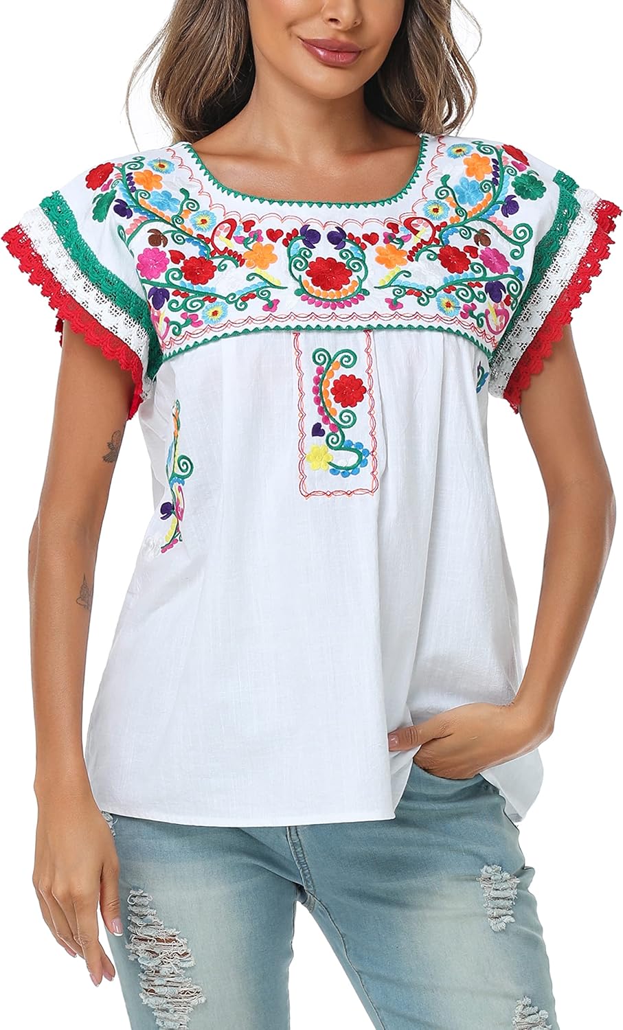 YZXDORWJ Women Mexican Embroidered Lace Traditional Colorful Blouse Tricolor Top Mexican Independence Day Shirt - Image 4