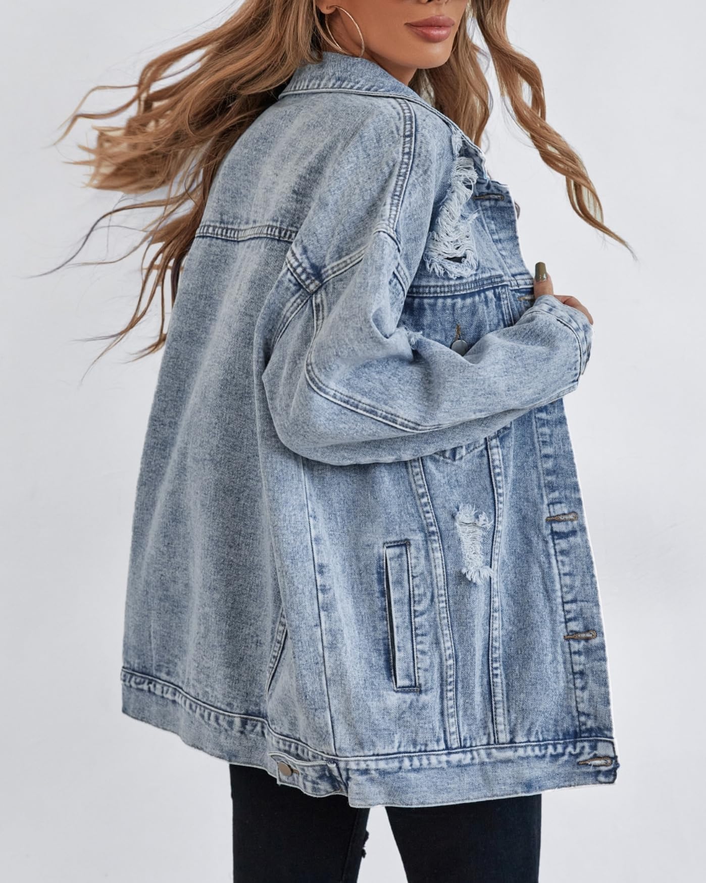 Giacca di jeans oversize per le donne giacca di jeans strappata boyfriend manica lunga Trucker Coat