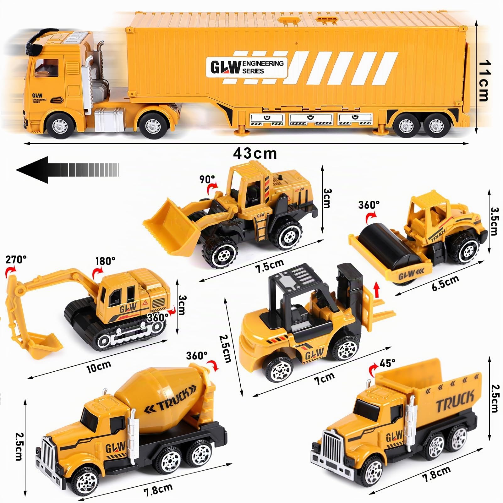 Veicoli da Cantiere Giocattolo per Bambini con Gru Escavatore Bulldozer Camion Betoniera Rullo Compressore Giocattolo Veicoli da Costruzione grande Camion Macchinine Giocattolo Regalo per bambini