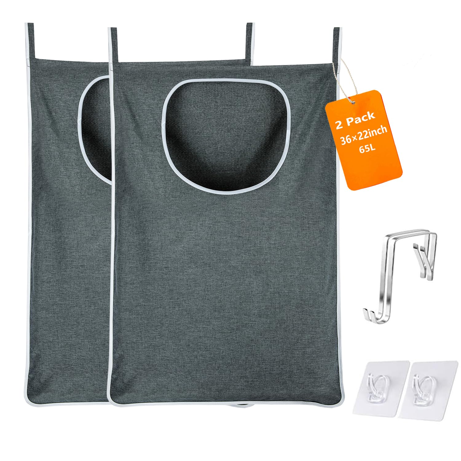 KINGSUSLAY Collapsible Washing Laundry Basket, 2 Pack Over Door Laundry Bag and Hanging Laundry Basket, Space Saving Door Hanging Hamper for Holding Dirty Laundry (89x56CM,Heather Grey)