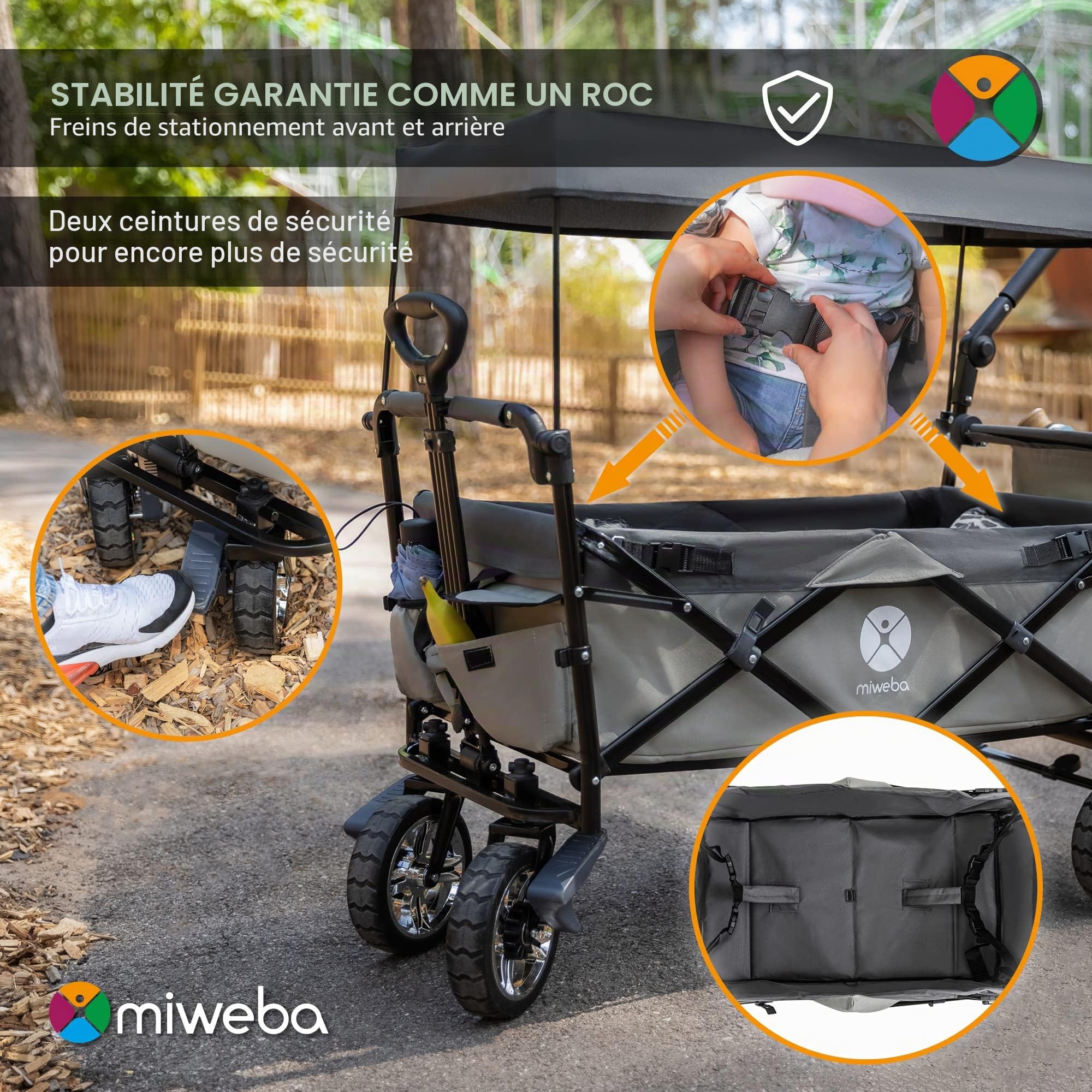 Miweba Chariot pour Enfants MB-20 - Chariot Pliable - Système de Harnais à 2X 3 Points - Frein de Stationnement - Roues en Caoutchouc Dur - Pare-Soleil avec Protection UV (LSF25)