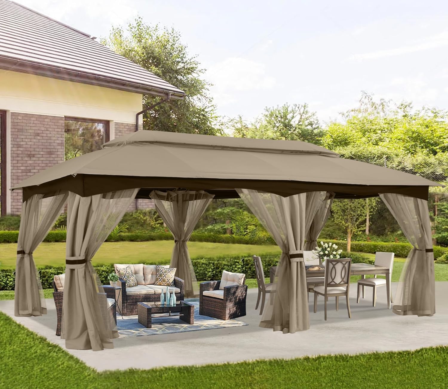 ABCCANOPY Outdoor Patio Gazebo 10x20 - Double Roof Canopy with Mosquito Netting for Backyard, Deck, Garden, Lawn, Khaki