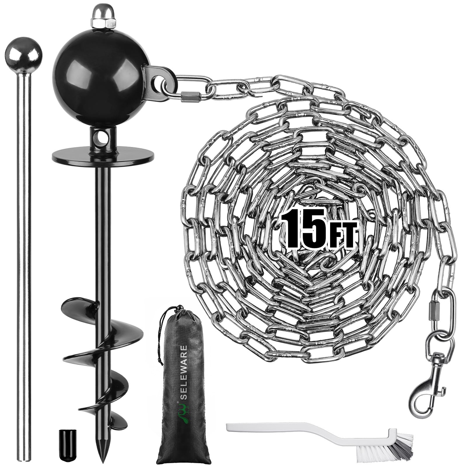 SELEWARE Dog Tie Out Stake Outdoor Anti-Rust Dog Anchor with Stainless Steel Dog Chains for Large Dogs up to 100 lbs, Free Rotation Dog Stake Dog