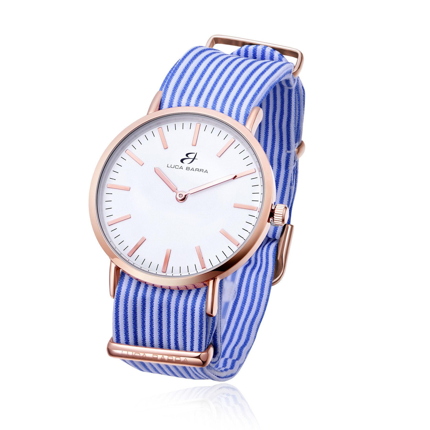 OROLOGIO CON CASSA IN ACCIAIO, IP ROSA E CINTURINO IN TESSUTO RIGATO BLU