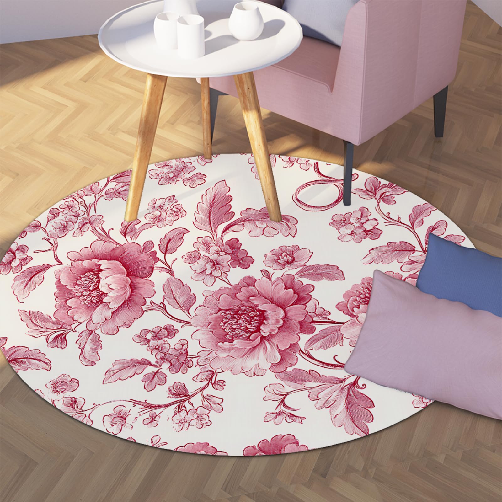 Tapis rond boho lavable motif vintage rose pour réchauffer votre salon