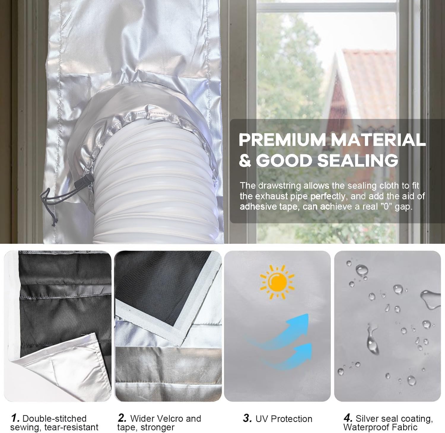 Portable ac Window Vent kit【Titanium Silver+Black 100% Light Block】- Universal Thick Portable Air Conditioner Window Seal for AC and Tumble Dryer - 100% Sealing Waterproof Adjustable(L)