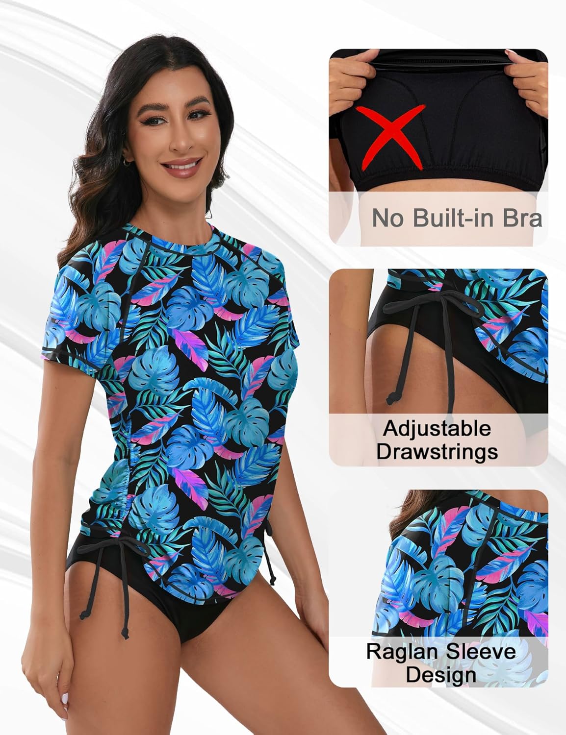 Bonneuitbebe Women's Short Sleeve Rash Guard Shirts UV Protection Swim Shirts UPF 50+ Lightweight Adjustable Tie Swimwear - Image 4