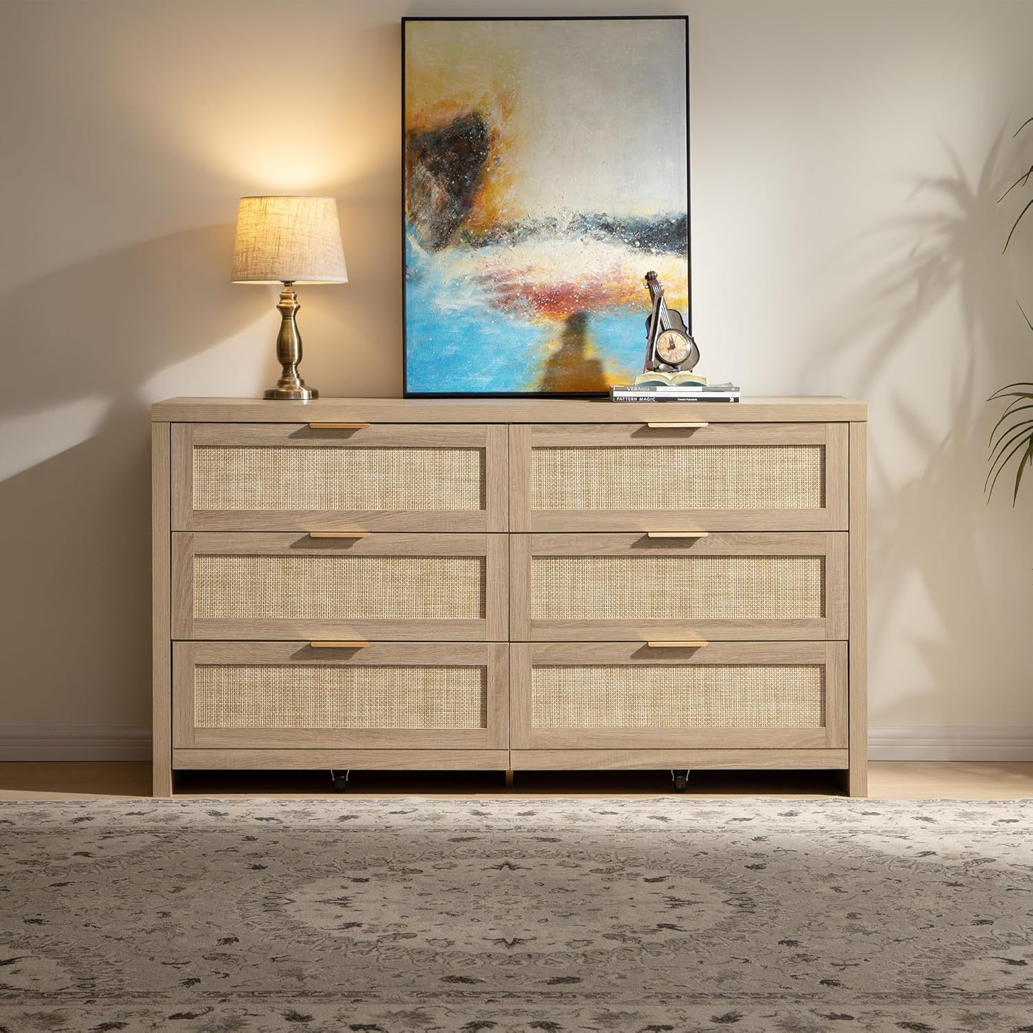 SICOTAS Rattan Dresser for Bedroom, 56.9" Wide 6 Drawer Dresser with Ample Storage, Dressers Large Chest of Drawers, Closet, Boho TV Stand for Bedroom (Reclaimed Light Oak, 1 Piece) Reclaimed Light Oak 1 Piece