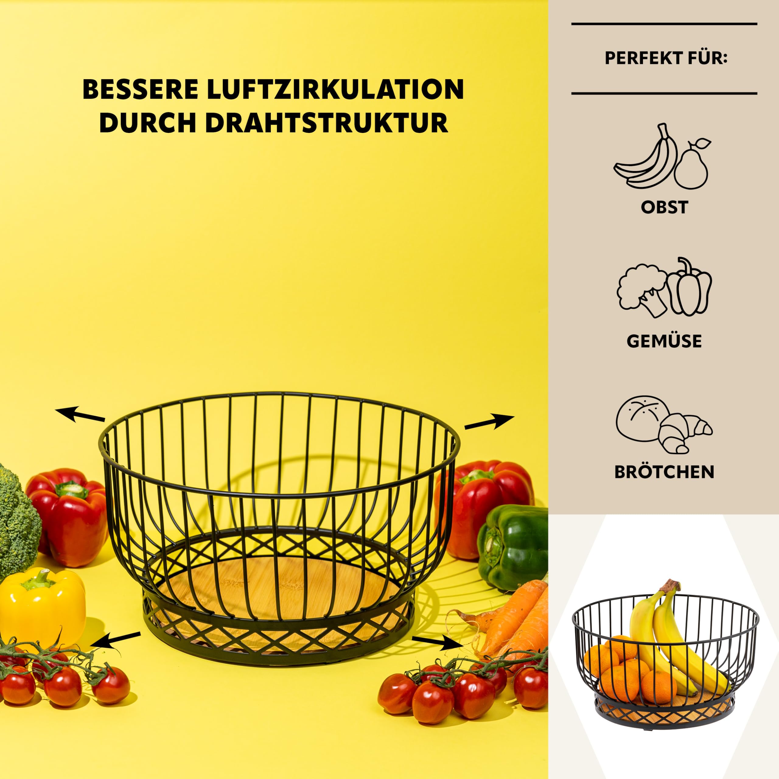 bremermann Küchenutensilien 3er Set, Küchenhelfer bestehend aus 1x Küchenrollenhalter, 1x Utensilienhalter und 1x Obstkorb/ Obstschale, moderne Materialkombination aus Bambus und Metall
