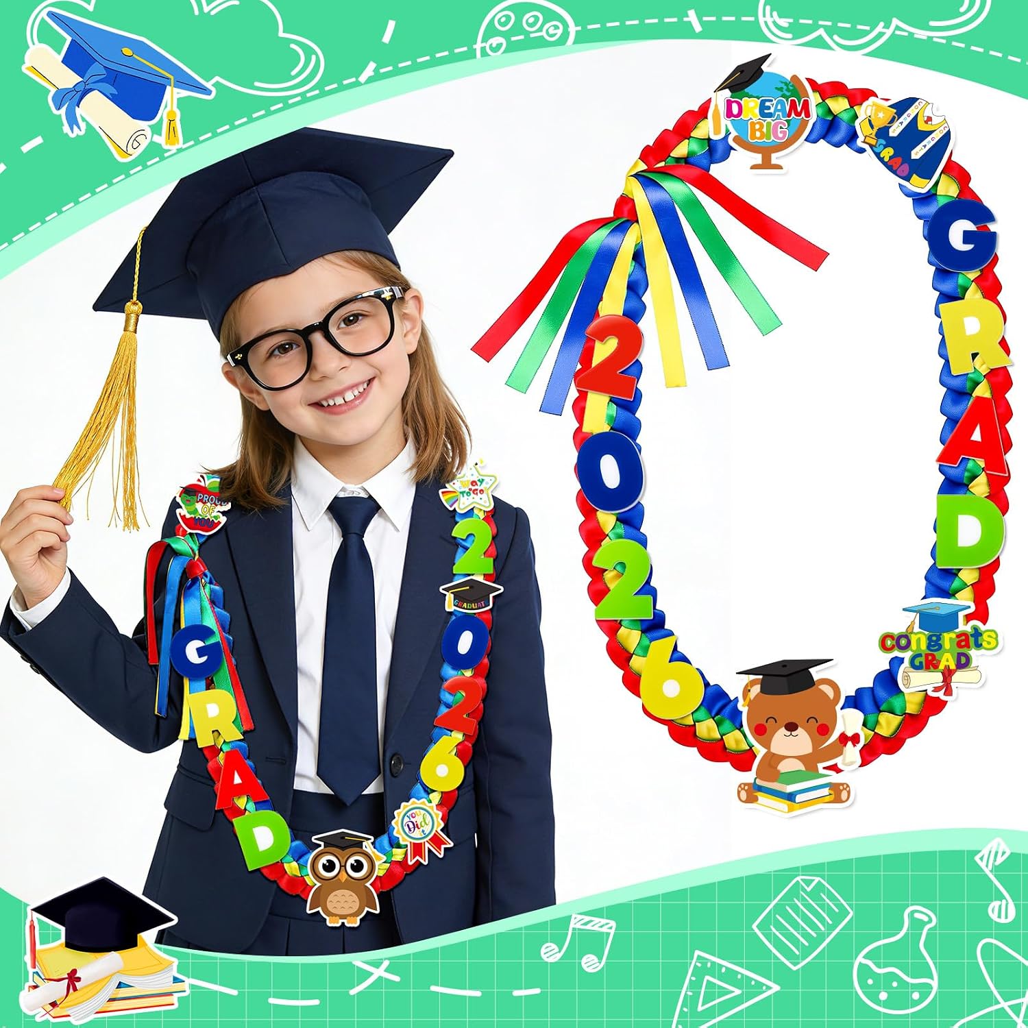 DECYOOL Kindergarten Preschool Graduation Lei kid Class of 2026 Accessory | Bule Double Braided Satin Ribbon 47.2 Inch Kindergarten Lei for Kid Graduate with Acrylic Brooch Card for Preschool Boy Girl