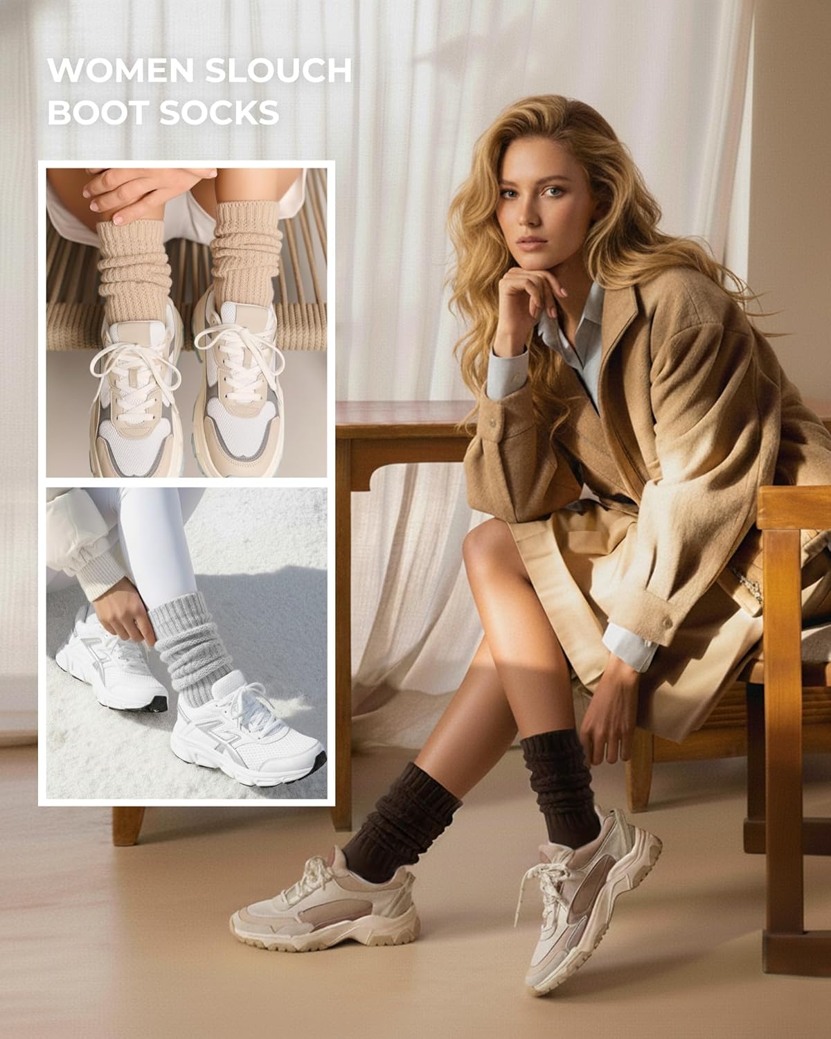 CS CELERSPORT Women's Slouch Crew Socks Scrunch Knit Cotton Calf Tube Socks 3 Pairs - Image 7