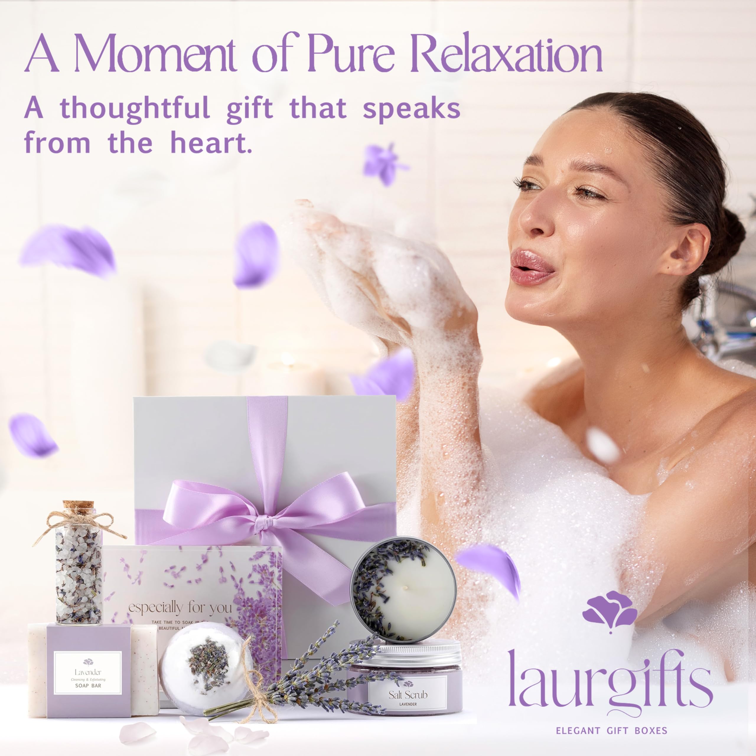 LaurGifts Geburtstagsgeschenk für Frauen, Lavendel-Geschenkset-Box – von holländischen Blumenfeldern inspiriertes Kerzengeschenk für sie, Arbeitskollegin, Weihnachtsgeschenkidee