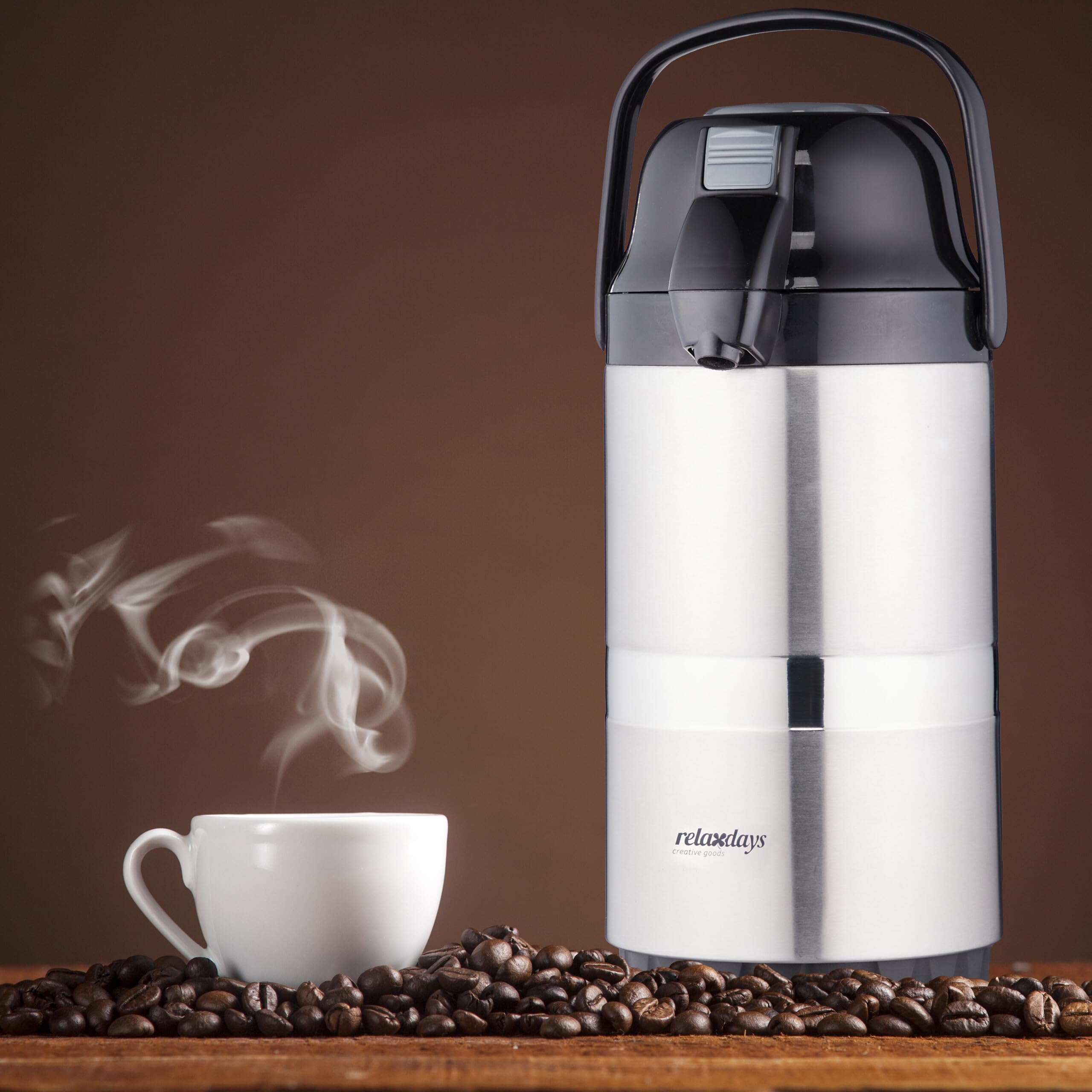 Relaxdays Termo para Café con Dispensador de 2,2 L, Tapa con Bomba y Pulsador, Oficina, Gastronomía, Plateado y Negro