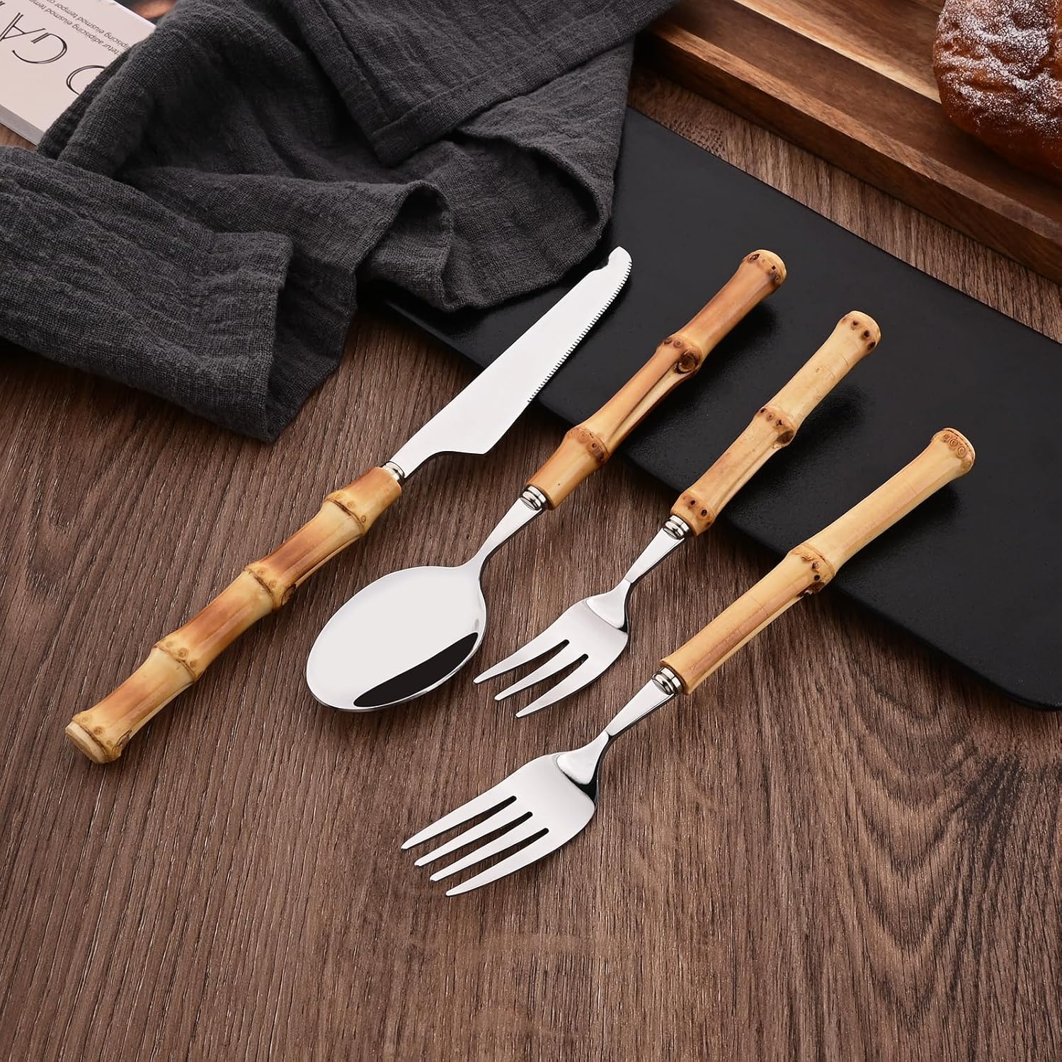 30PCS Silverware Set for 6, Bamboo Handle Flatware Set, Stainless Steel Cutlery Set for Home Restaurant and Party, Bamboo Forks Spoons and Knives Set, Polished Tableware