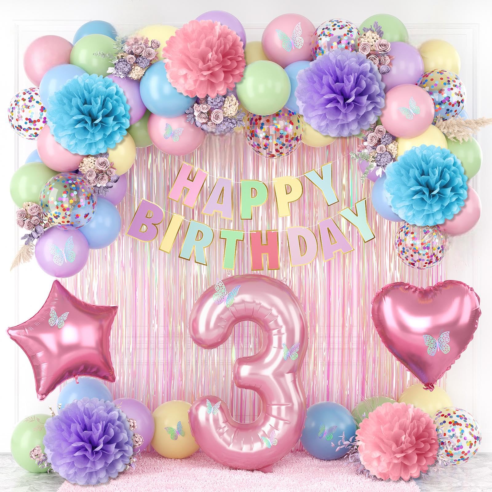 Pastel 3rd Birthday Colorful Party Decorations Girls Pink Number 3 Balloon
