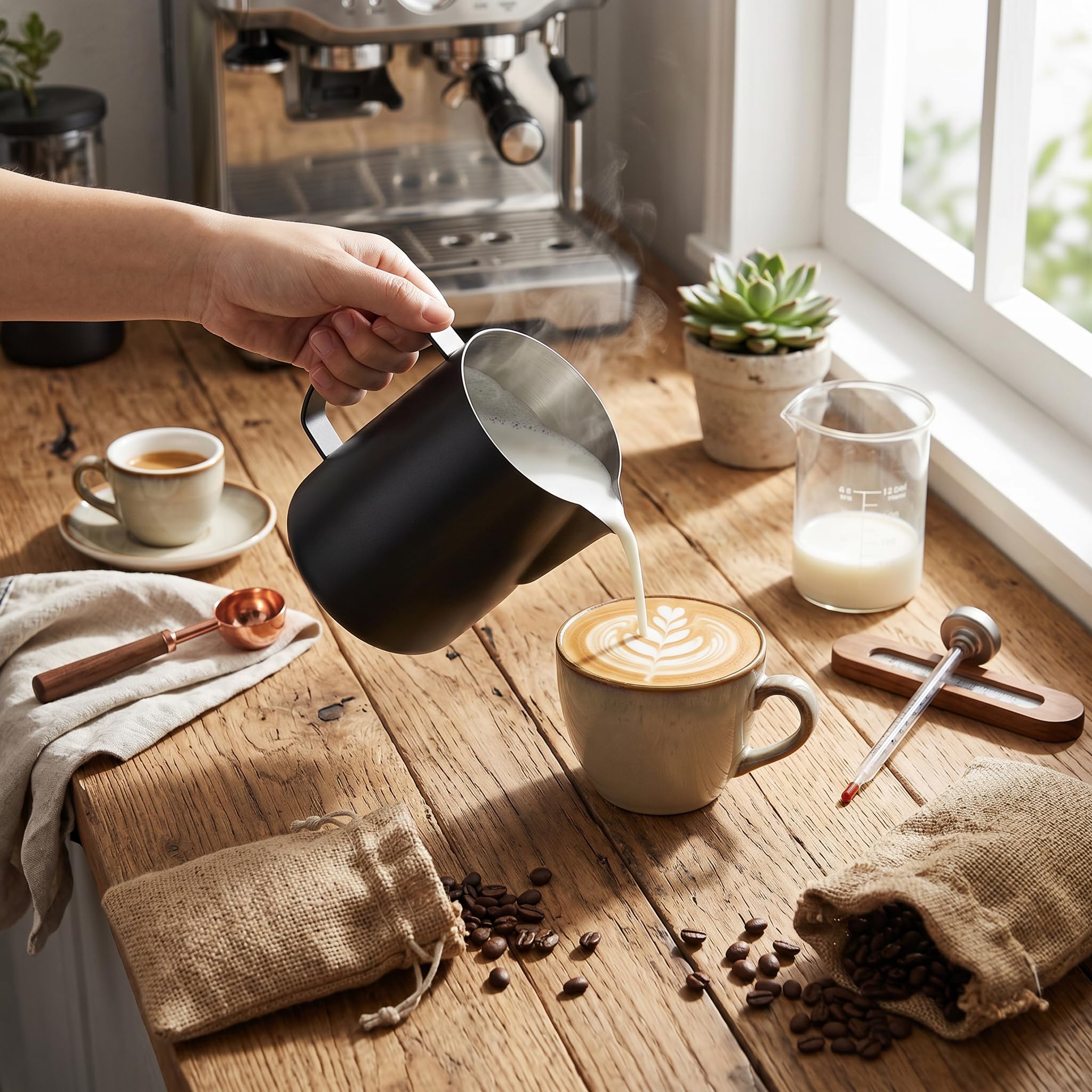 Akozon 700ML Dzbanek do Spieniania Mleka ze Stali Nierdzewnej 304 - Pogrubiony Teksturowany Dzbanek Latte Art do Kawy - Idealny dla Baristów i Domowego Browarnictwa (BLACK)