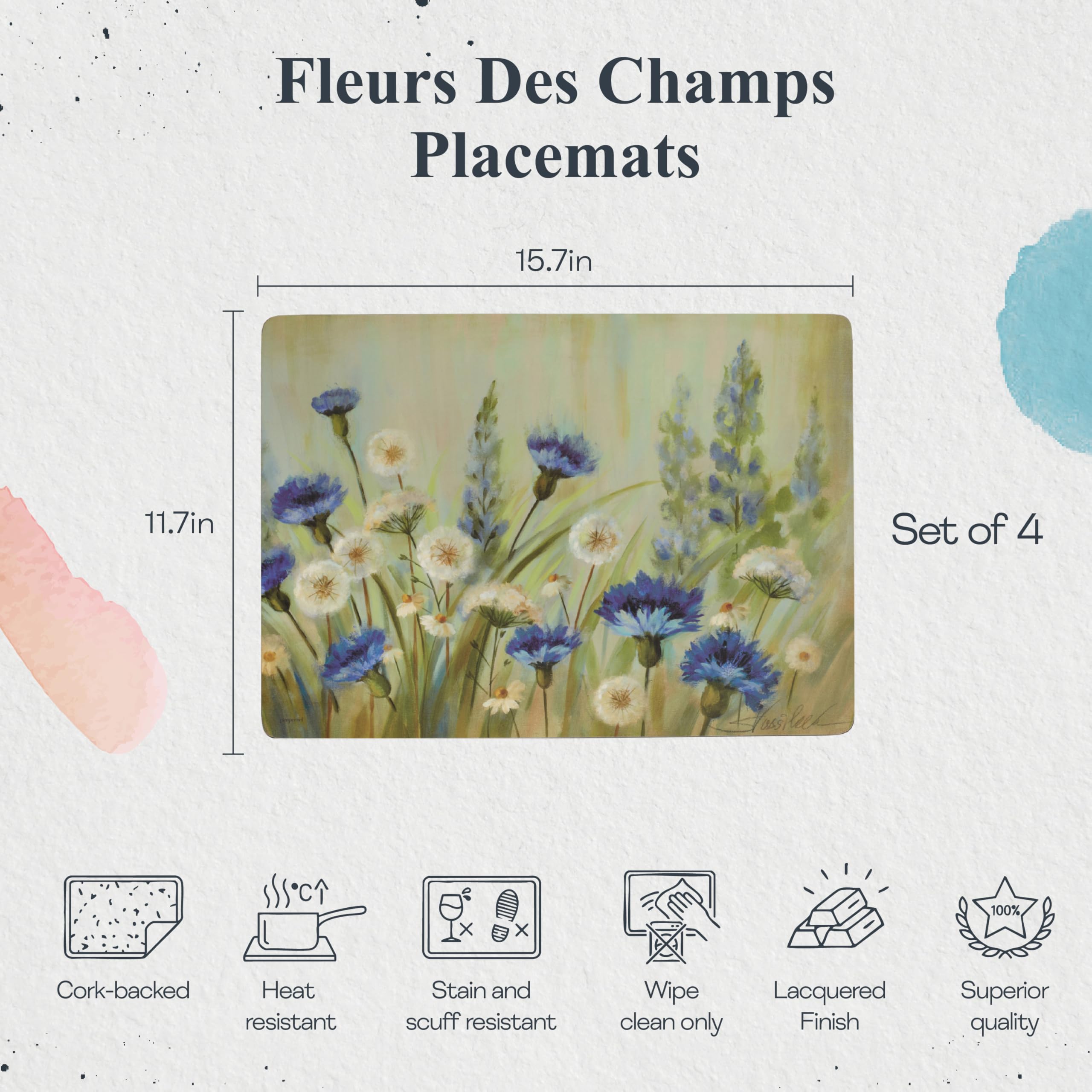 Pimpernel Fleur des Champs Collection Tischsets | 4er-Set | hitzebeständige Matten | Korkunterlage | hartes Tischset für Esstisch | Maße: 39,9 x 29,7 cm Mehrfarbig