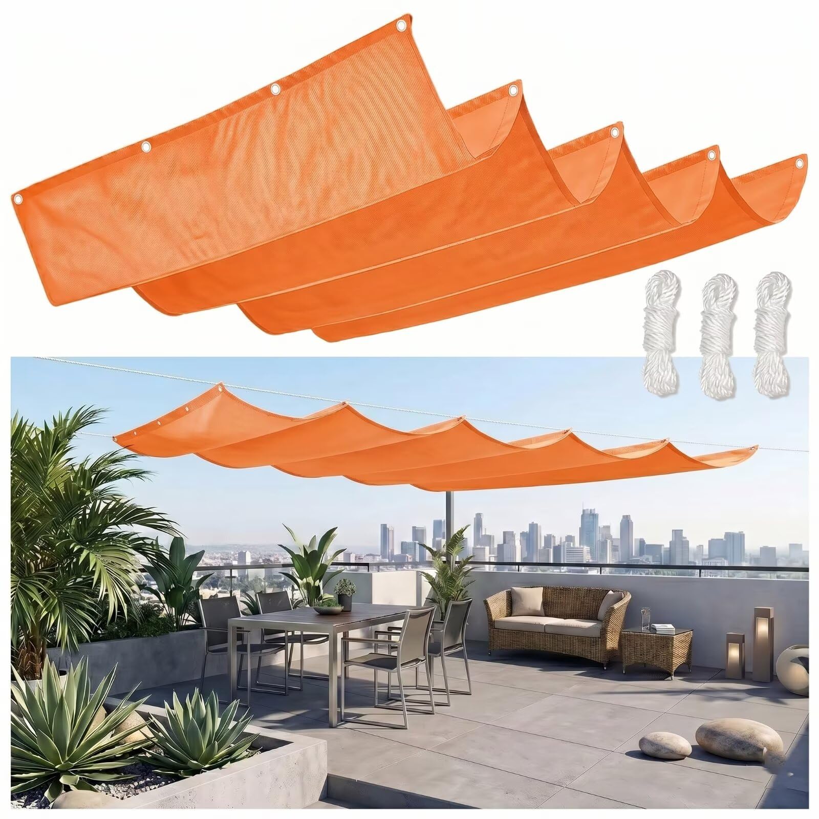 Ombrage Terrasse Extérieur 140x550cm Orange Voile-D'ombrage Rétractable Imperméable,Bâche Ombrages Vague Haute Densité,Idéal pour Pergola,Balcon,Abri de Voiture