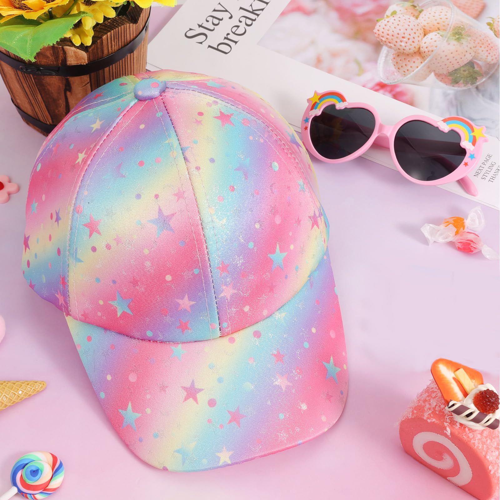 Gorra Niña y Gafas de Sol, Gorras de Béisbol Tie-Dye con Estelar Sombreros para el Sol Arcoíris Ajustable Gafas de Corazon para Niños Sombrero Verano con Visera Rosa Regalo Niña 3-8 Años