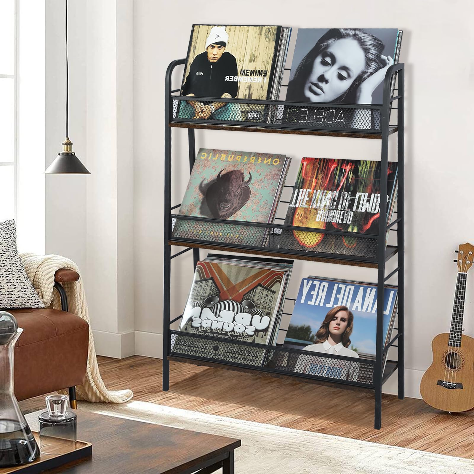 HZE Schallplatten Aufbewahrung, 3 Etagen Mrtall Schallplatten Regal, Schallplatten Halter Speichern Sie etwa 150 Alben Fest, Schallplatten Ständer, Schallplatten Schrank Geeignet für LP-Schallplatten