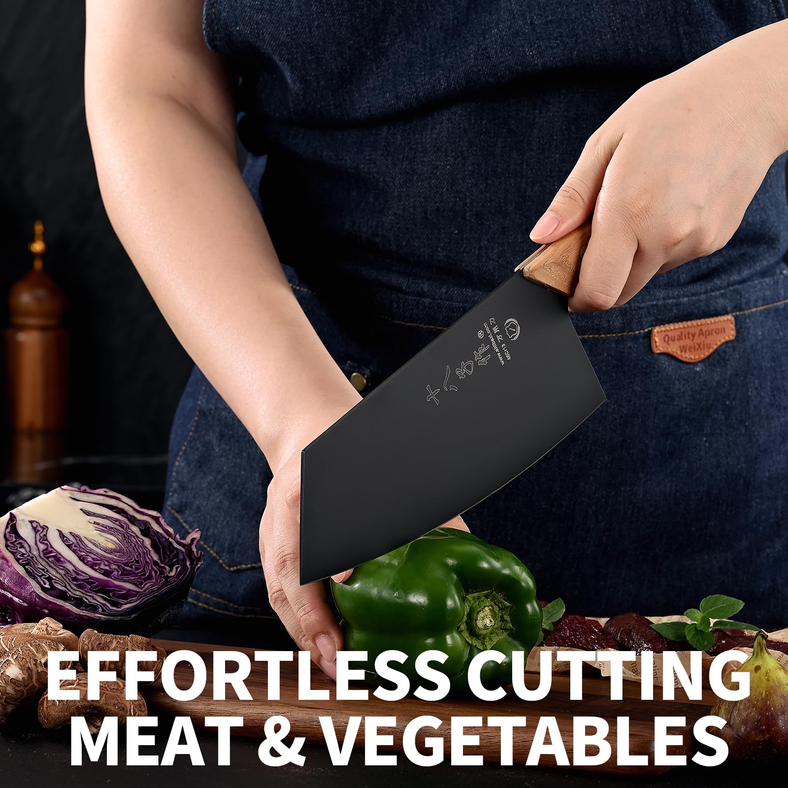 Coltello Chef da Cucina con Lama Nera e Maniglia in Legno Ergonomica