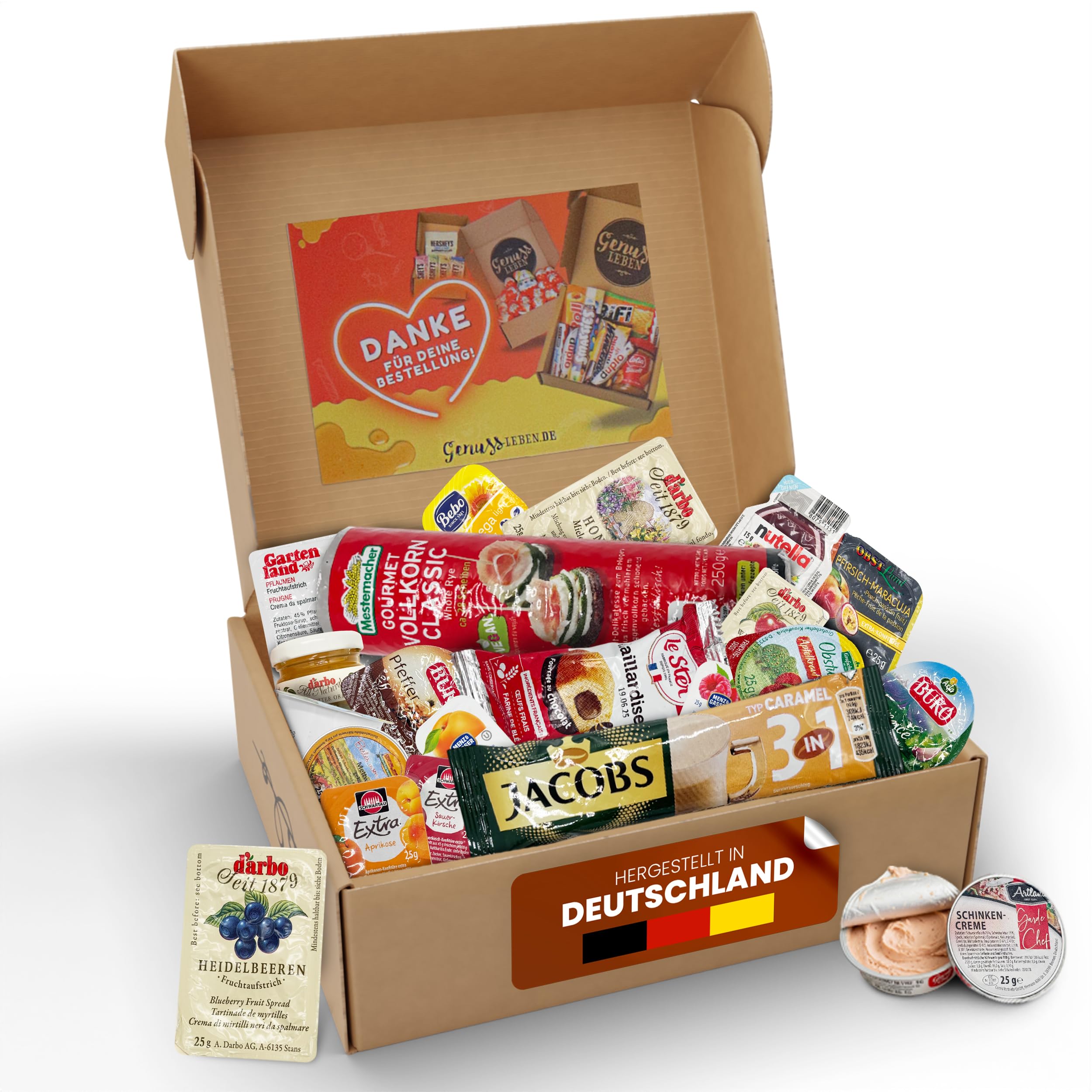 Genussleben All In One 800g Frühstücksbox mit Brot, Kaffee, Marmelade, Honig, Kuchen, Wurst und Frischkäse in vielen Geschmacksrichtungen, kleine Portionen im Mix für Unterwegs