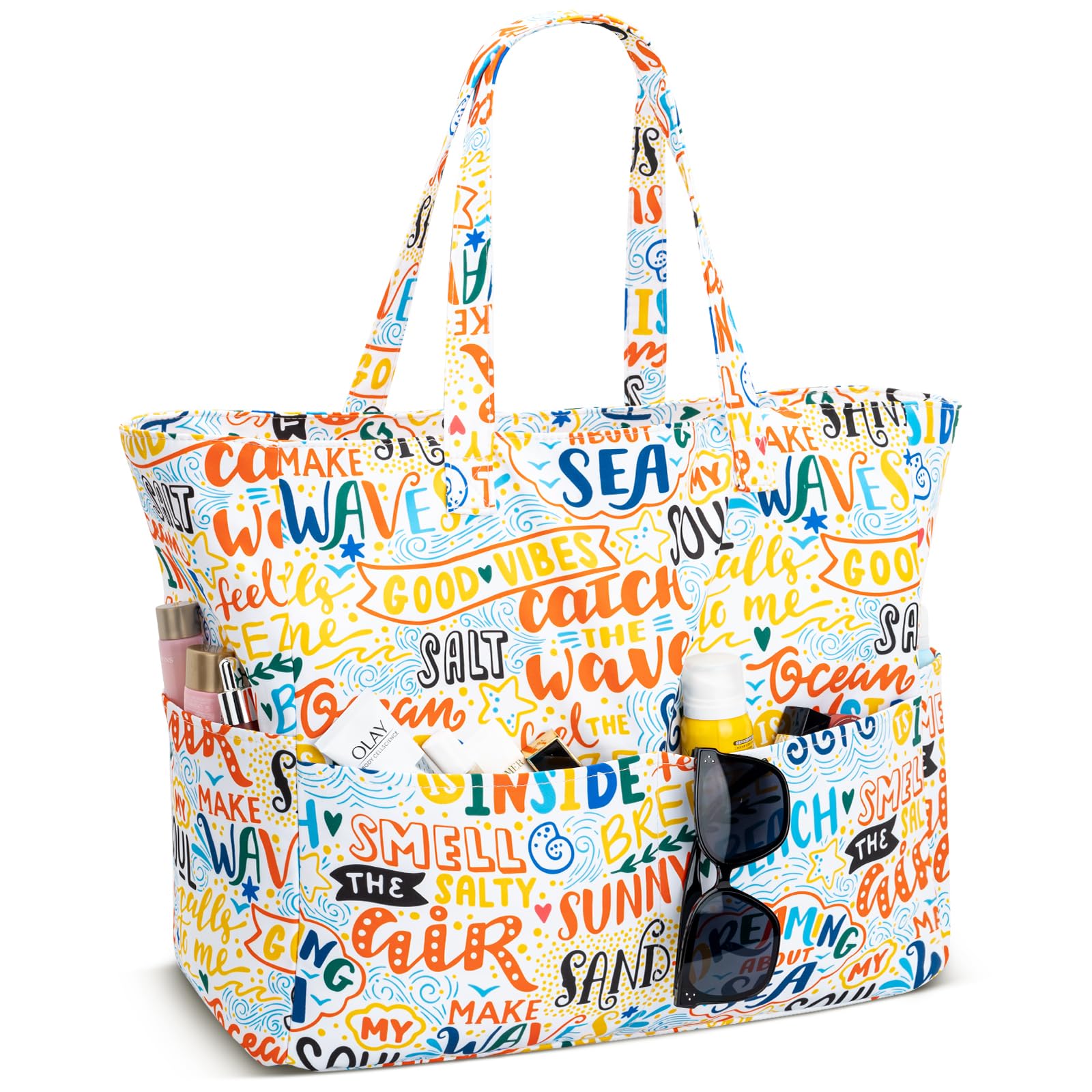 Iioscre Beach Bag for Women, Large Beach Tote Bag with Zipper Pockets, Waterproof Sandproof Swim Bag Pool Vacation Travel