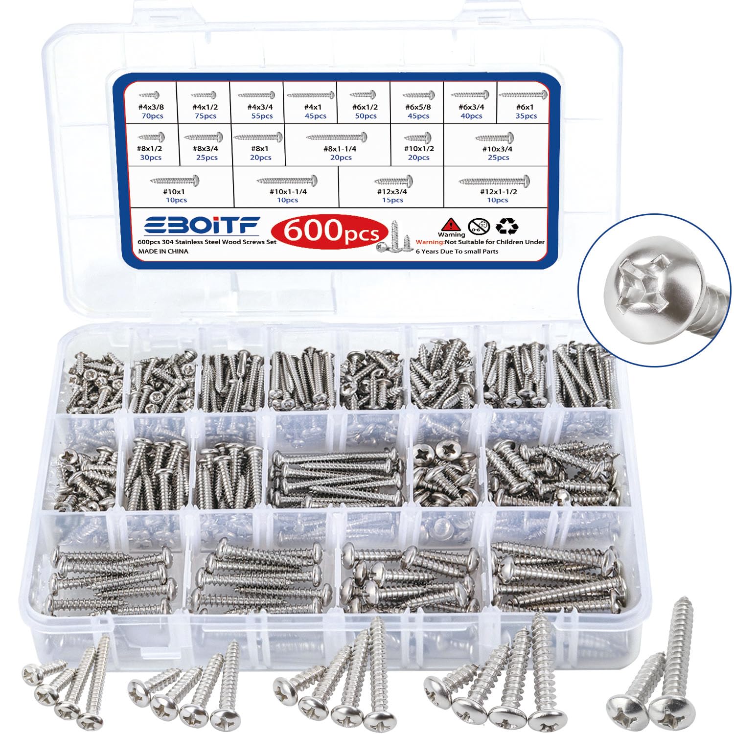 600 PCS 304 Stainless Steel Wood Screws Assortment Kit, Assorted Sheet Metal Screws #4/#6/#8/#10 Phillips Pan Head Self-Tapping Screws Set, Assorted Wood Screws, Length 3/8" to 1-1/2" (Silver)