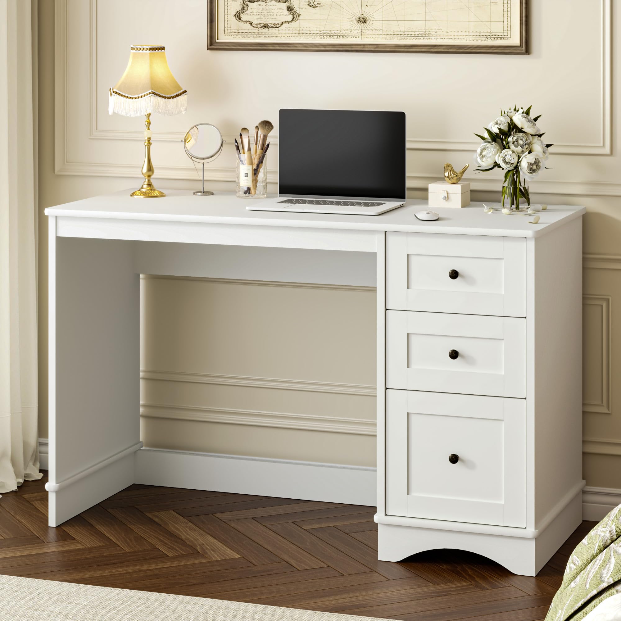 MAISONARIA 48”White Computer Desk with 3 Drawers, Modern Office Desk with Storage, Small Writing Desk for Bedroom, Living Room, Office