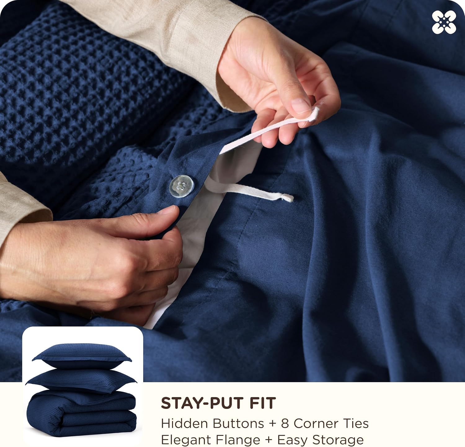  PureWoven 3 Pieces 100% Cotton Waffle Duvet Cover Set, Queen, Navy thumbnail