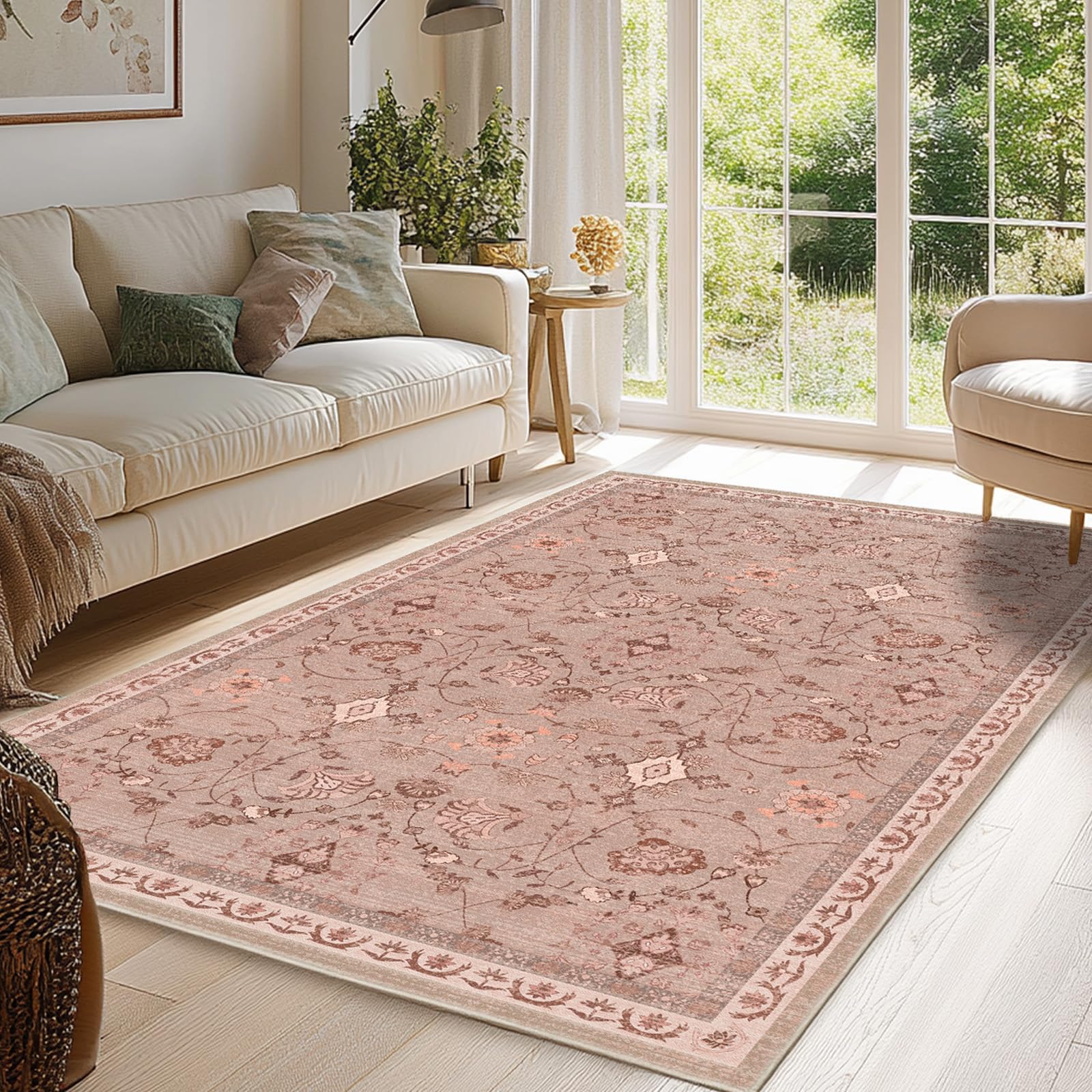 Youime Boho Living Room Area Rugs 3x5 Light Brown Machine Washable Rugs Floral Rug Small Rugs for Bedroom TPR 3x5 Non Slip Dark Green Rugs for Under