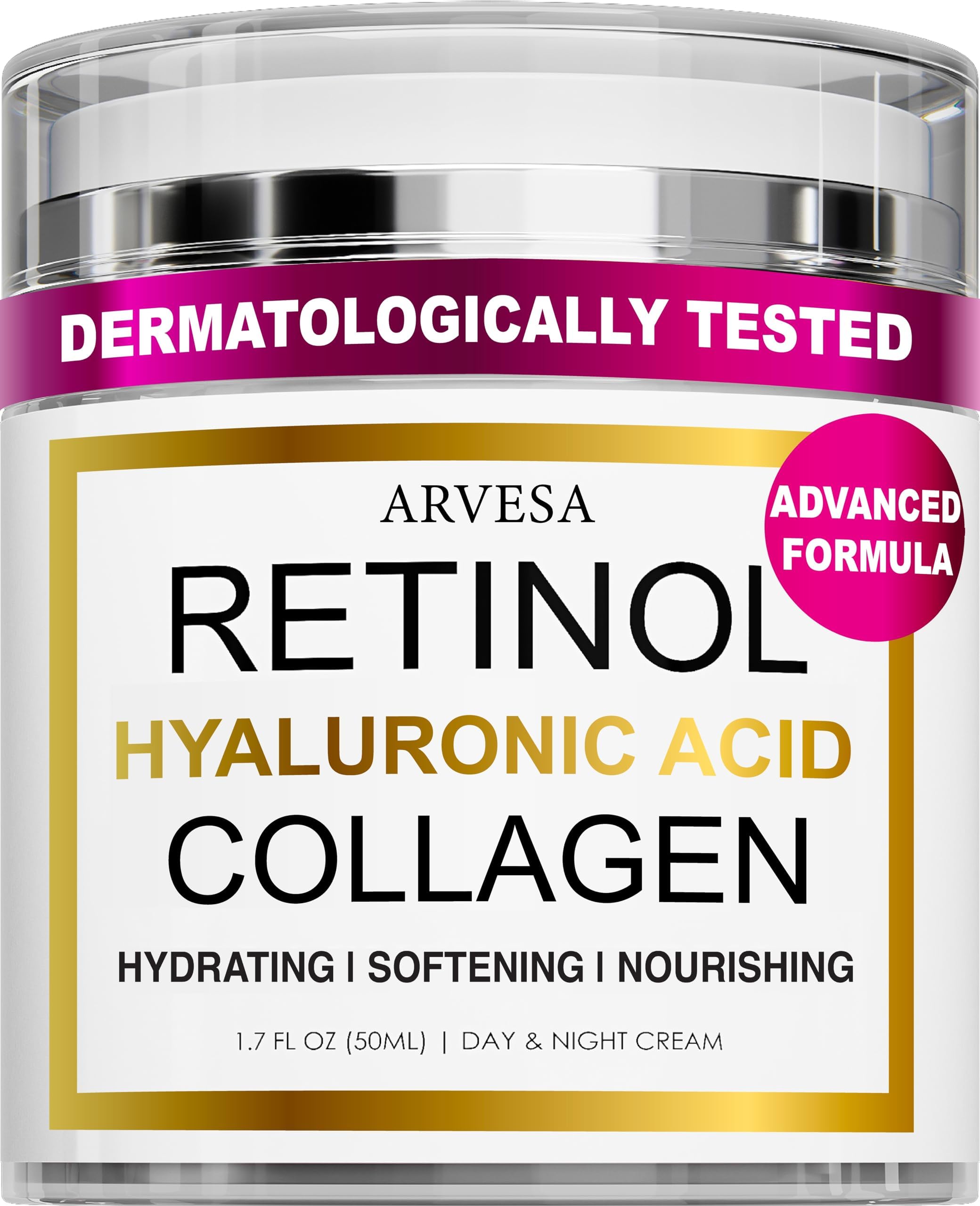 Retinol Cream for Face with Collagen and Hyaluronic Acid - Anti Aging Wrinkle Cream for Women and Men - Day and Night Facial Moisturizer for Tightening and Skin Firming - Crema Hidratante Para la Cara