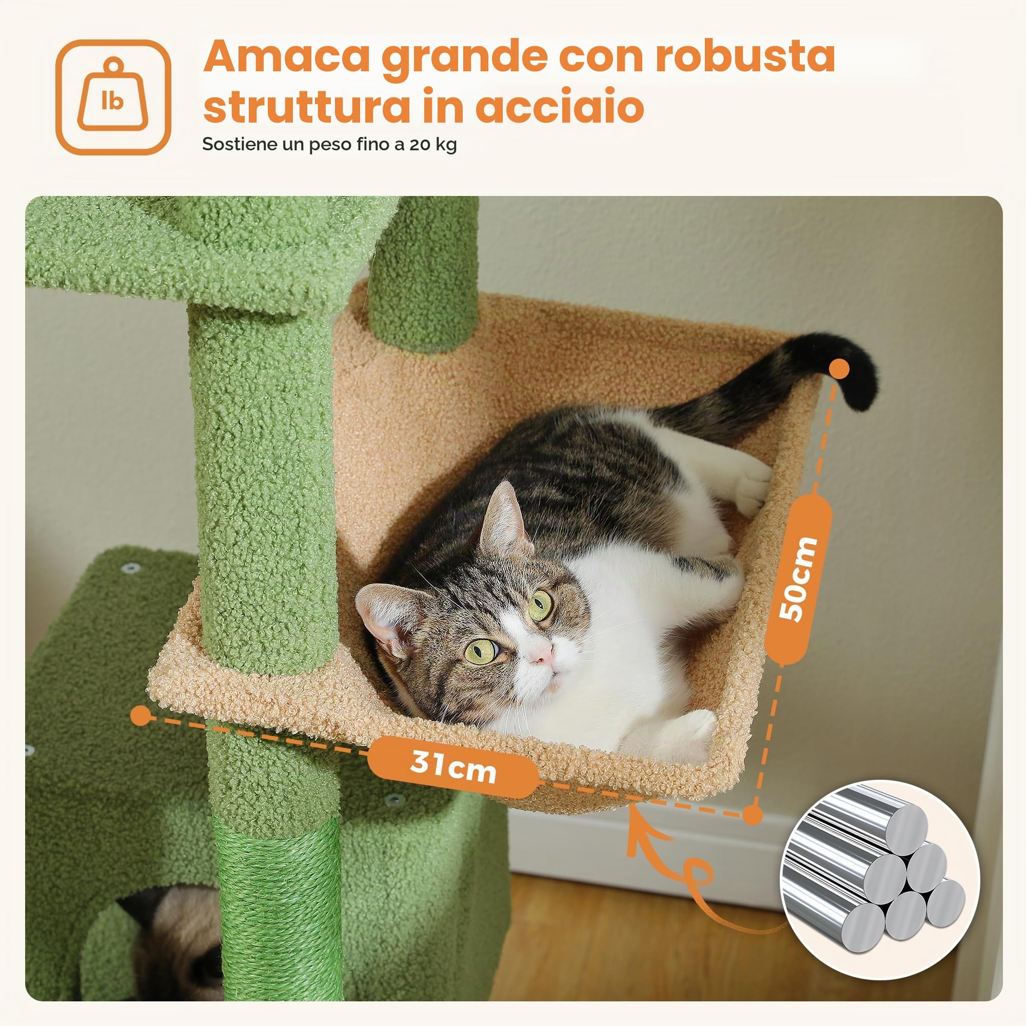 PETEPELA Albero tiragraffi cactus grande, multi-livello, per gatti di grandi dimensioni, con 6 colonna in sisal, 2 tavole, 2 piattaforme, 1 amaca, 2 palline da gioco, verde