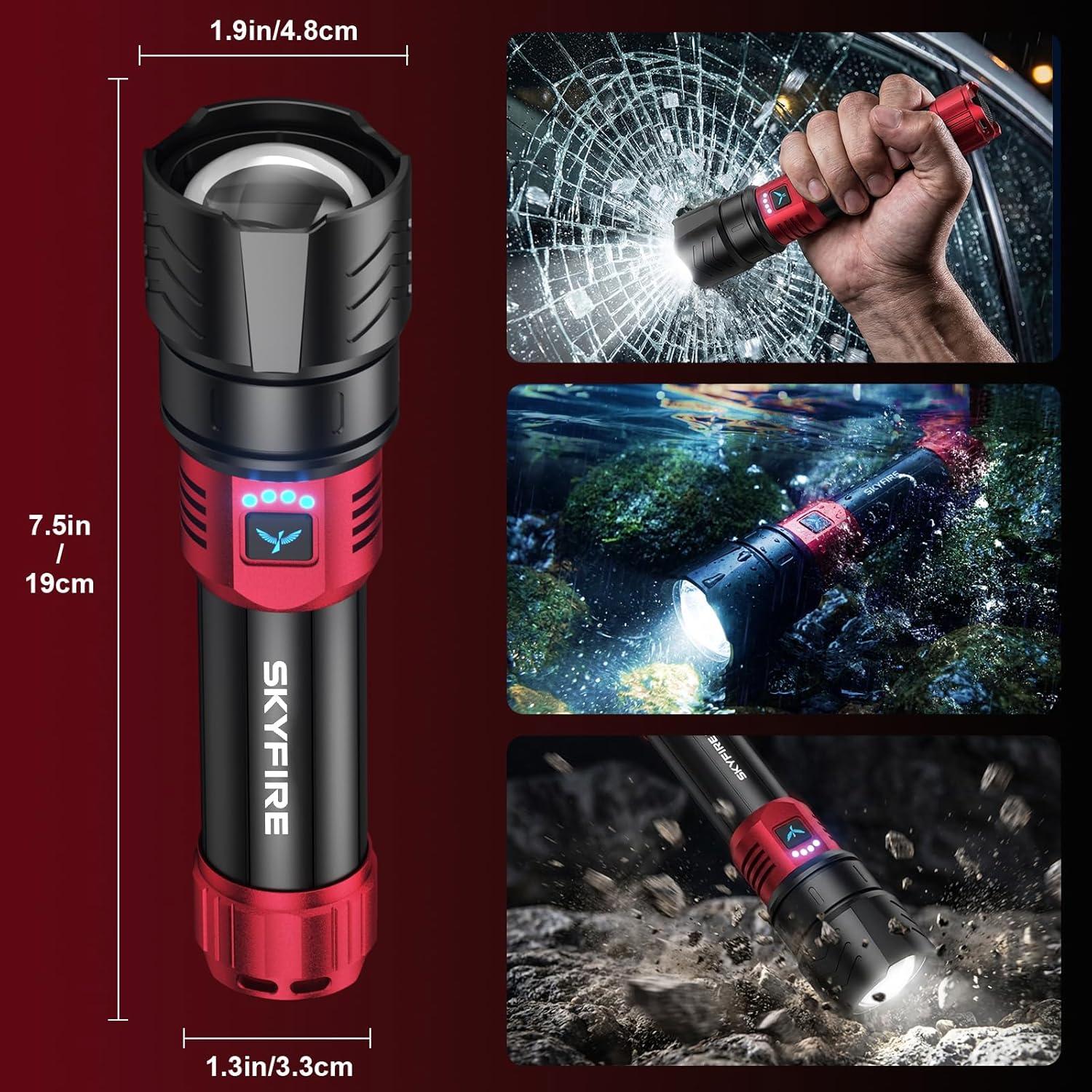 SKYFIRE Bright Flashlight with Ignition Lens&Yellow/Blue Light,3000lm Super Bright Rechargeable Flashlights High Lumens,Zoomable,Waterproof Tactical Flashlight for Camping,Outdoor &Gifts