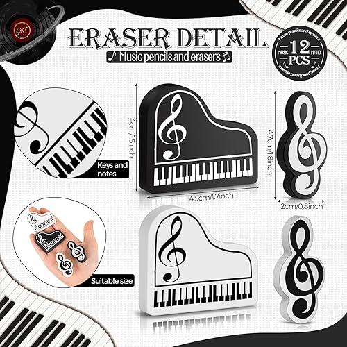 Vista 10 de 96 lápices de música, lápices de notas musicales y borradores, regalos de recital de piano, borradores de teclado de piano de madera, recuerdos