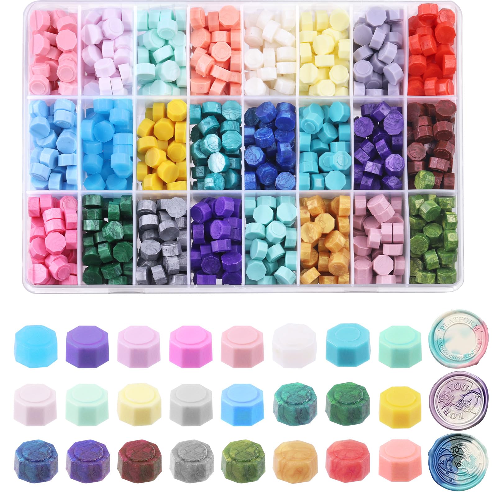 Swpeet 1200 juegos de cuentas de cera selladas de 24 colores y 8 mm, cuentas de cera selladas octogonales son ideales para sellos de cera, tarjetas, invitaciones de bodas y envases de regalos