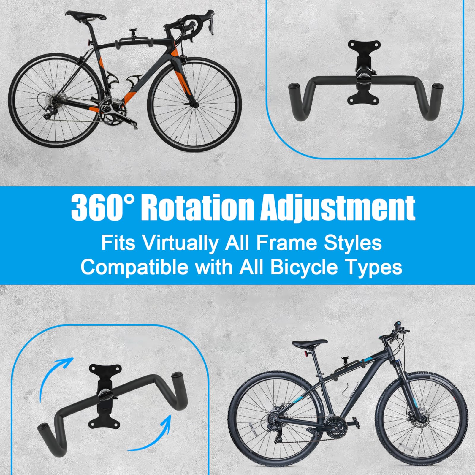 Set de 2 Soportes de Pared para Bicicleta, Carga Máxima 30 kg, Rotación 360°, Brazo Telescópico, Plegable a 90°, Protección de Espuma EVA de 8 mm para el Cuadro, para Bicicletas de Carretera y MTB